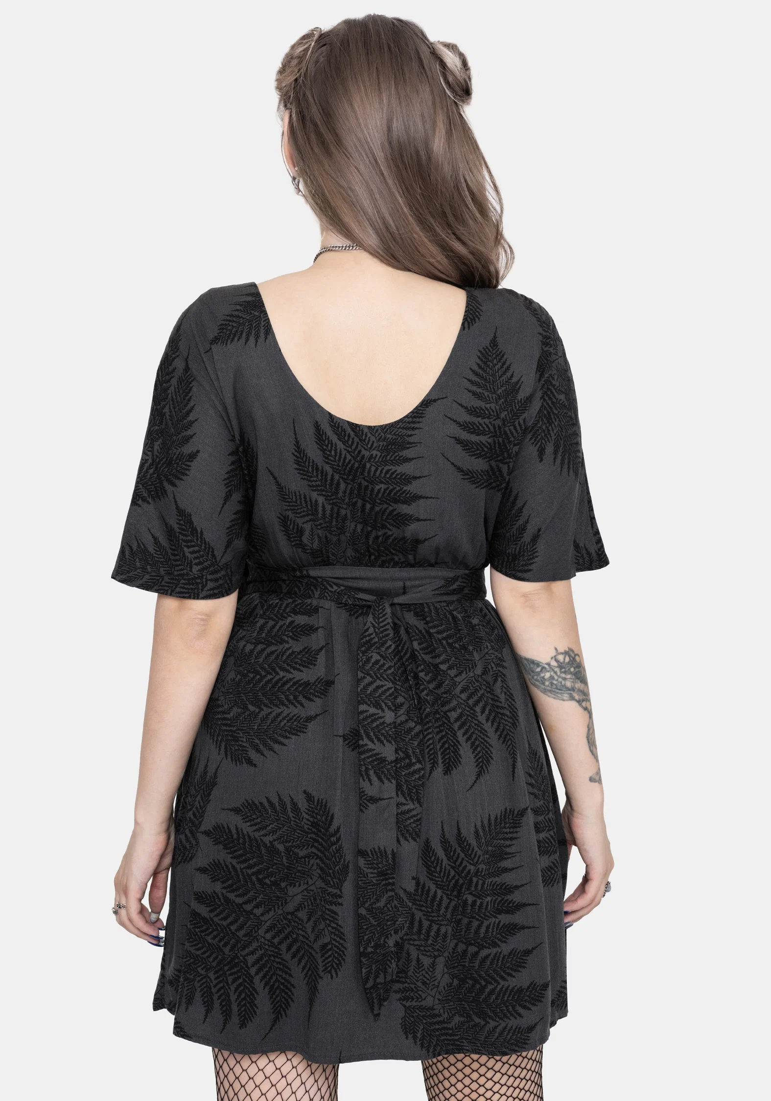 Ruin Fern Printed Tie Back Mini Dress - Grey - Image 3