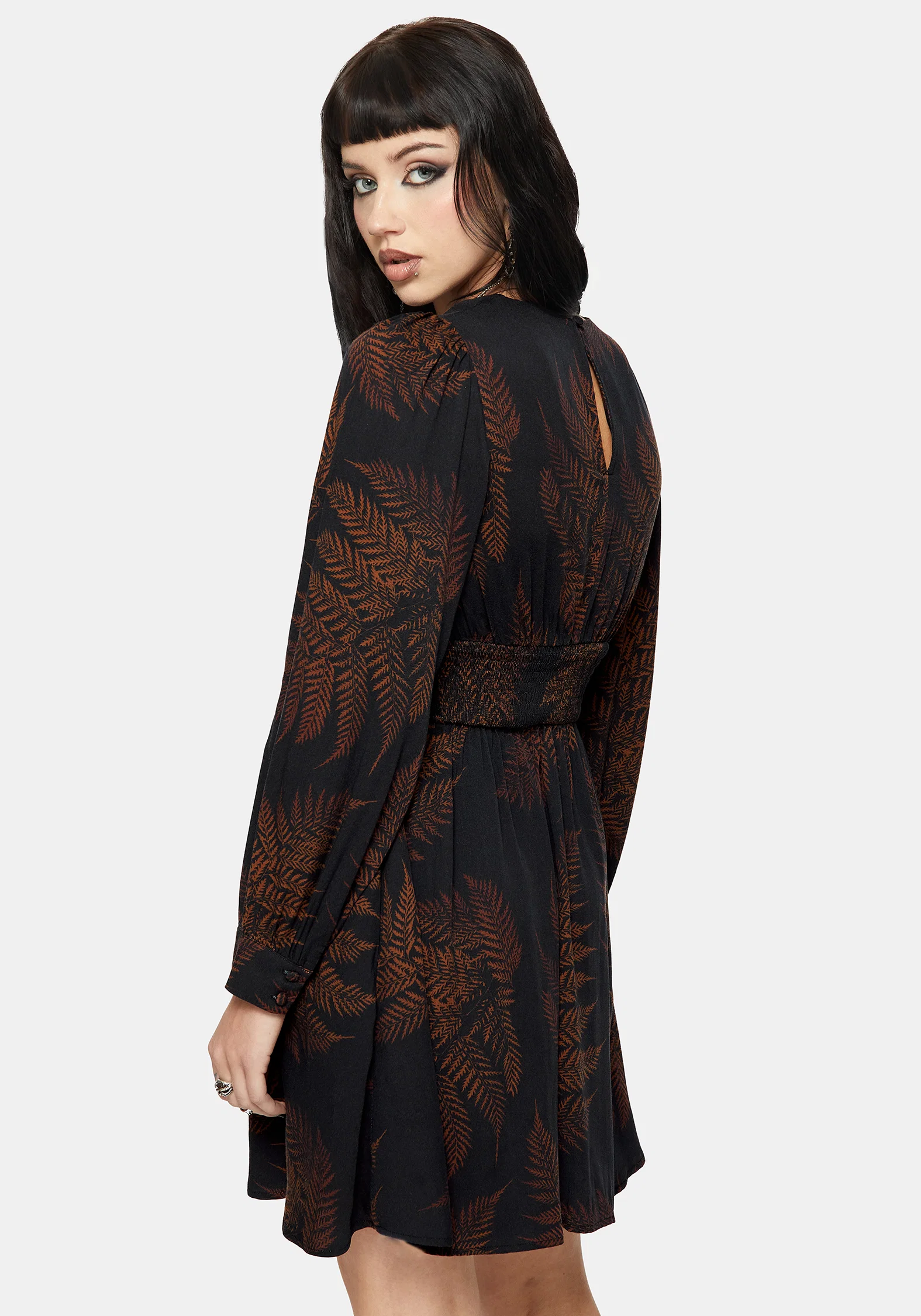 Ruin Fern Printed V-Neck Mini Dress - Brown - Image 3