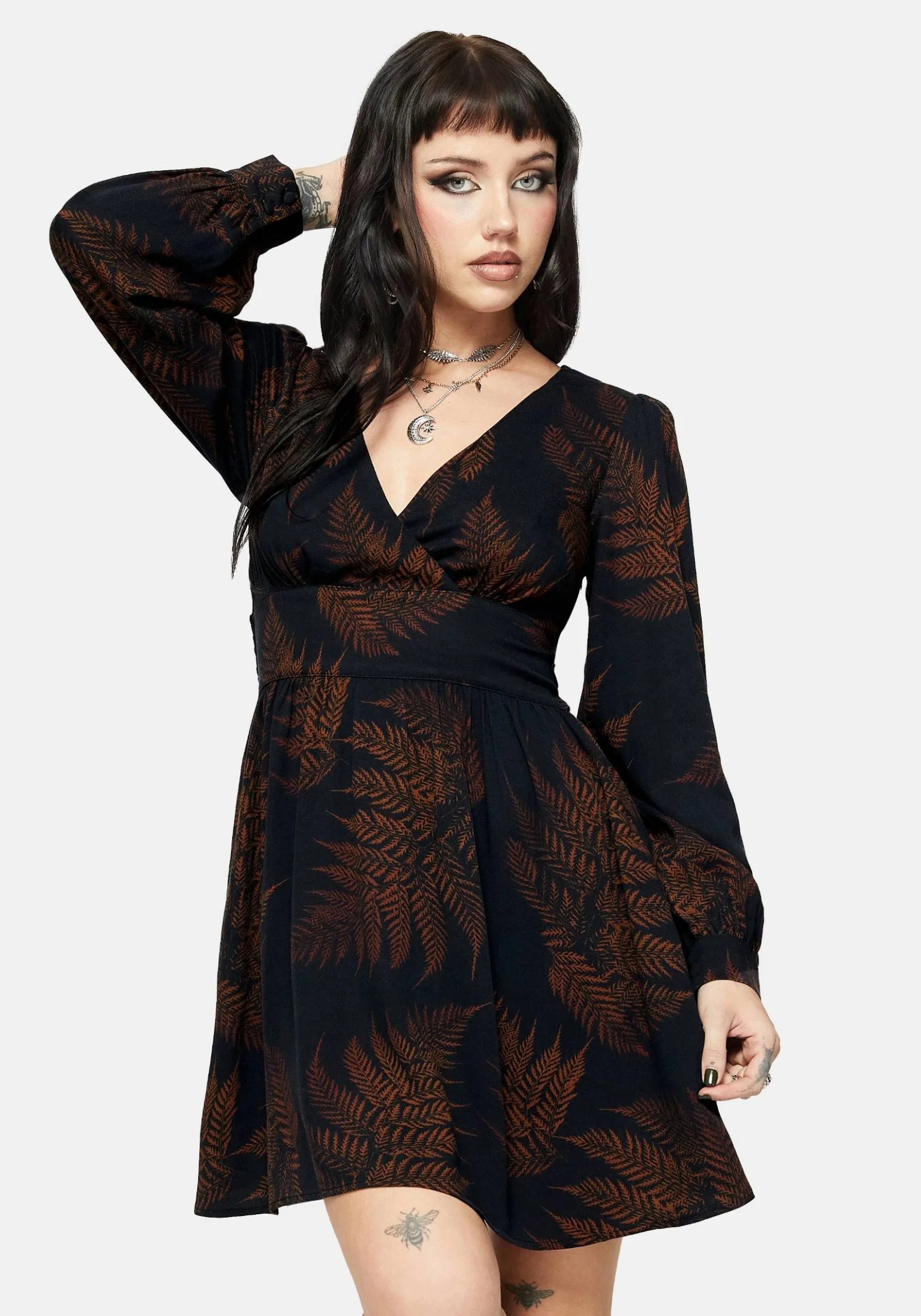 Ruin Fern Printed V-Neck Mini Dress - Brown - Image 4