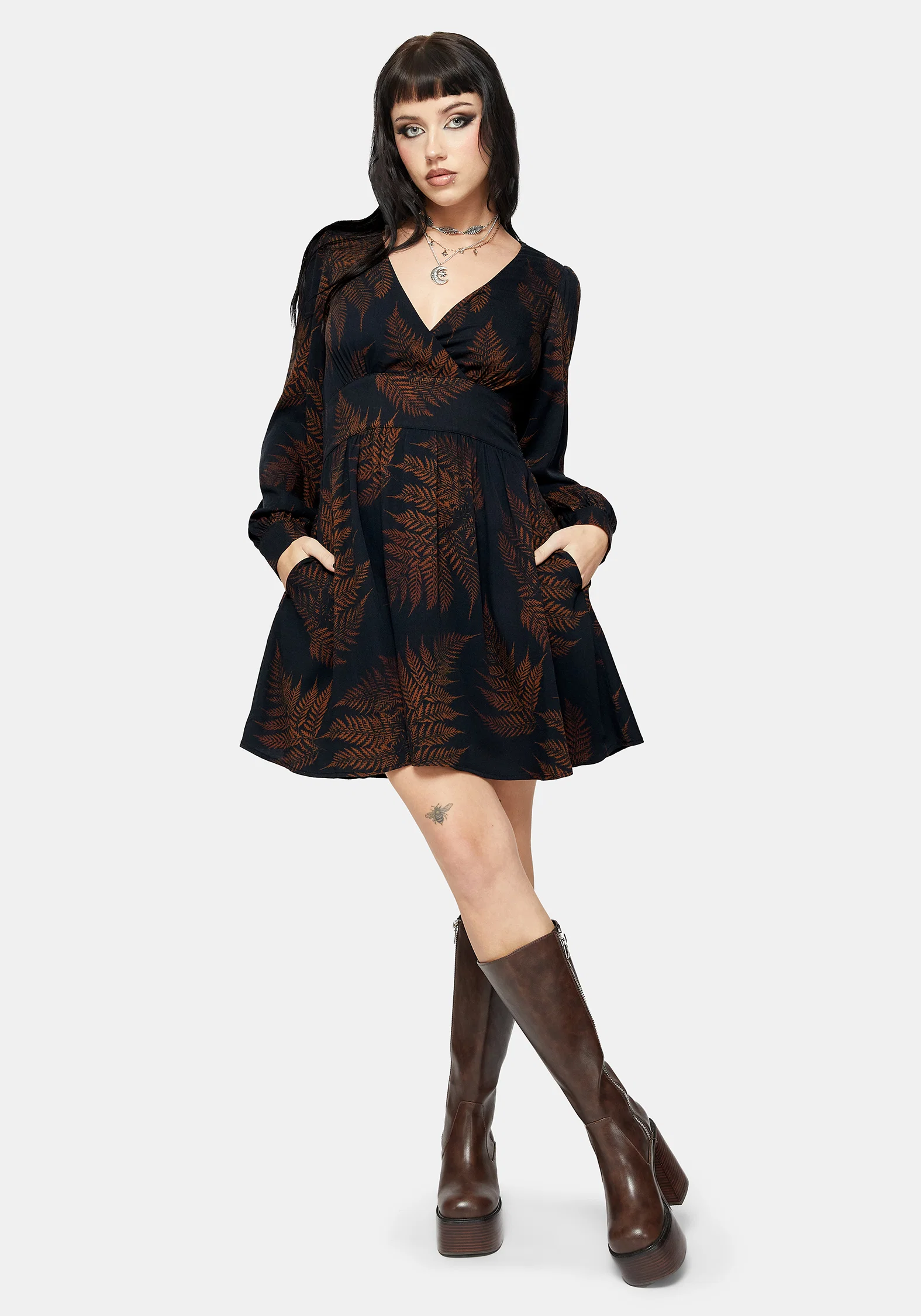 Ruin Fern Printed V-Neck Mini Dress - Brown - Image 5