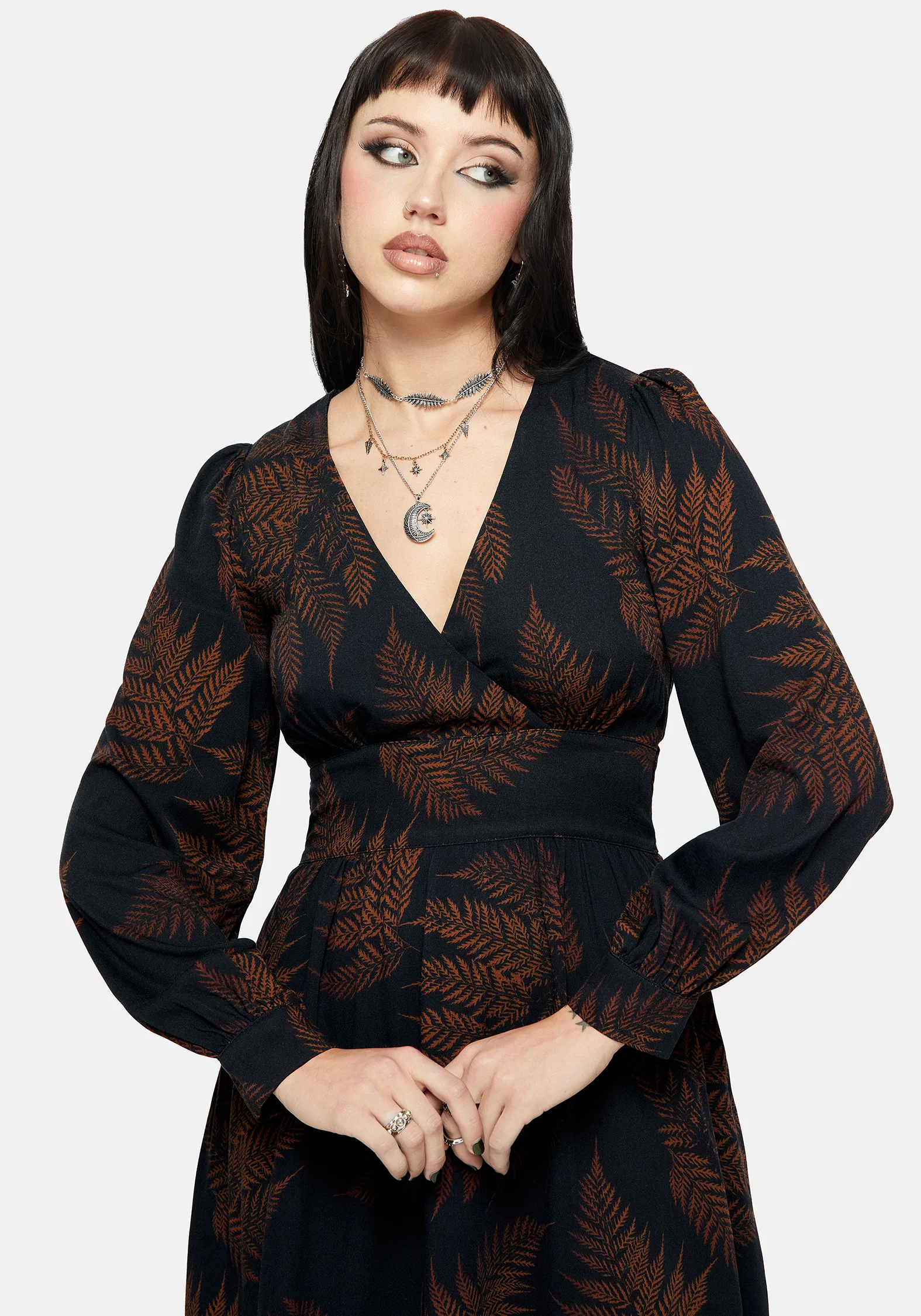Ruin Fern Printed V-Neck Mini Dress - Brown - Image 6