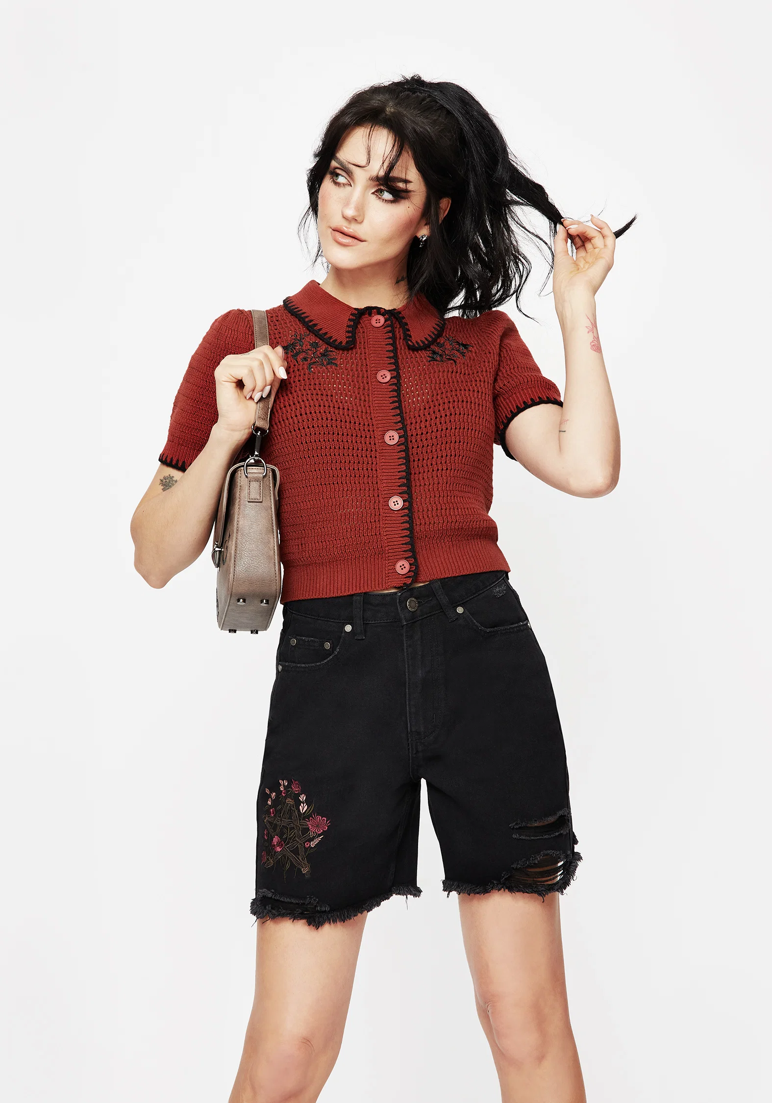 Saffron Floral Embroidered Scallop Collar Pointelle Knit Cardigan - Image 4