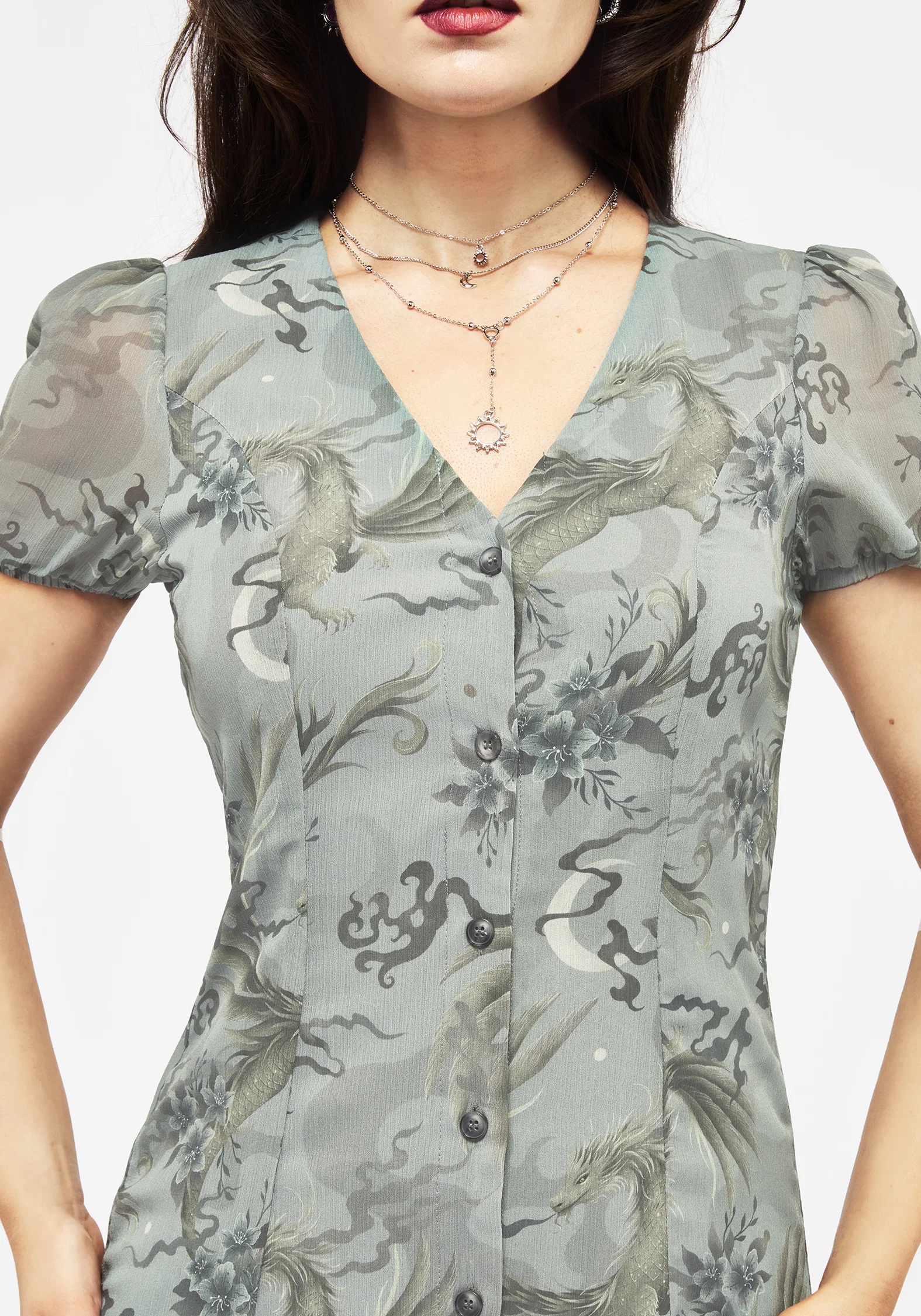 Sapphira Dragon Print Chiffon Button Up Midi Dress - Image 2
