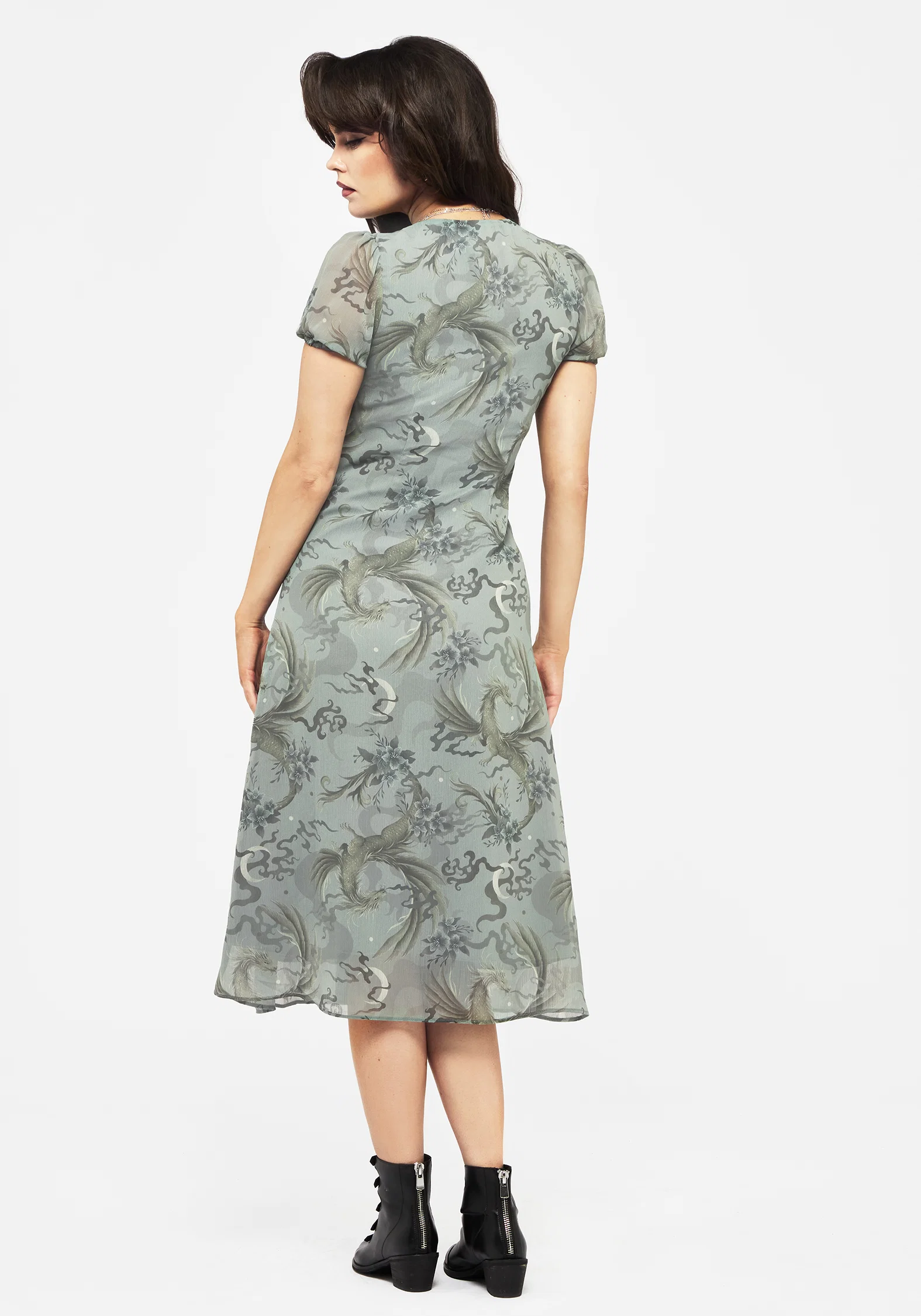 Sapphira Dragon Print Chiffon Button Up Midi Dress - Image 3