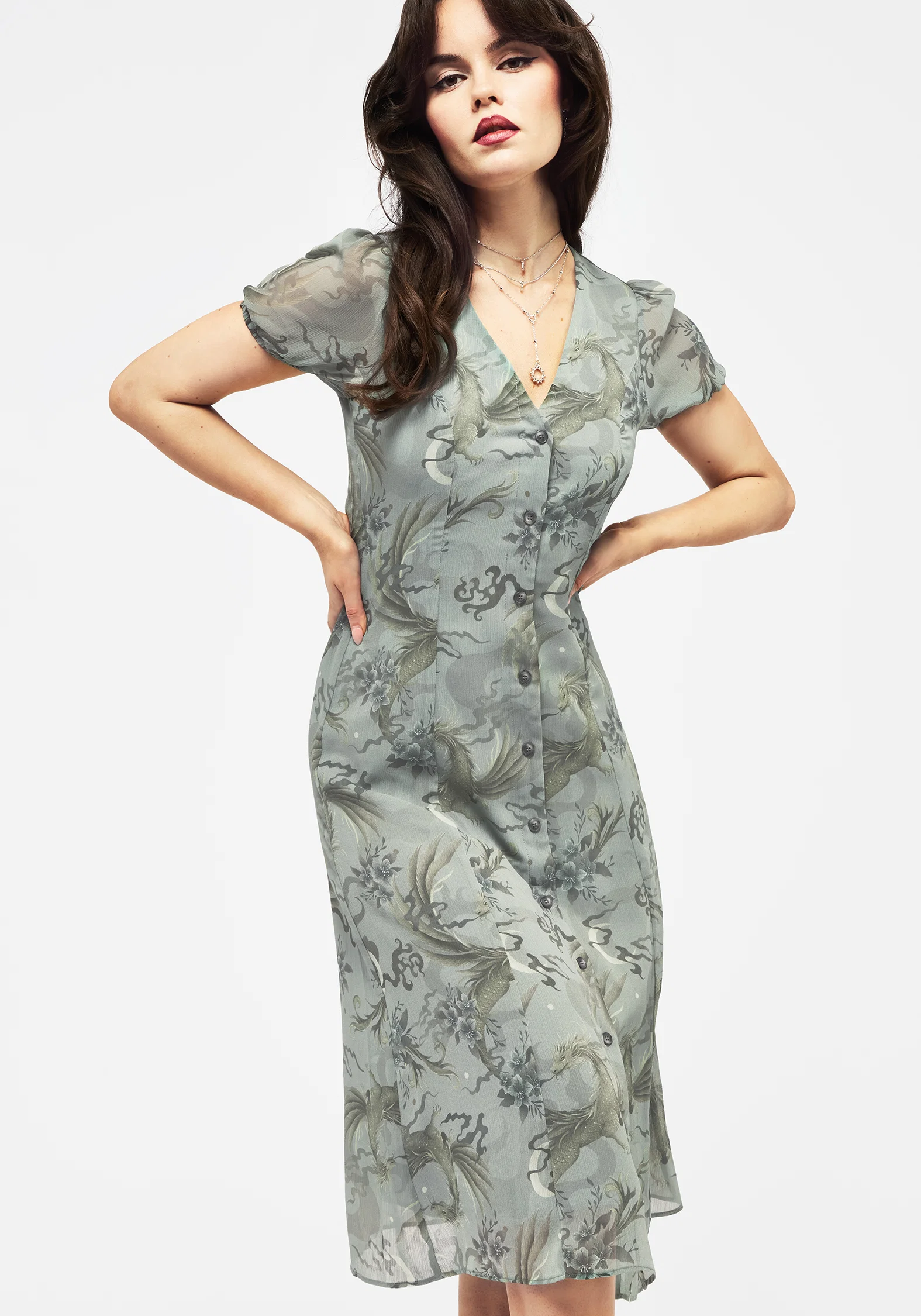 Sapphira Dragon Print Chiffon Button Up Midi Dress - Image 4
