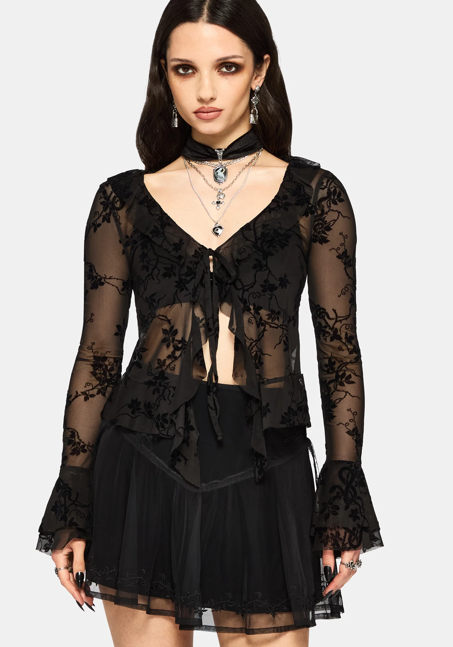 Saski Thorn Flock Mesh Tie Front Top - Image 2