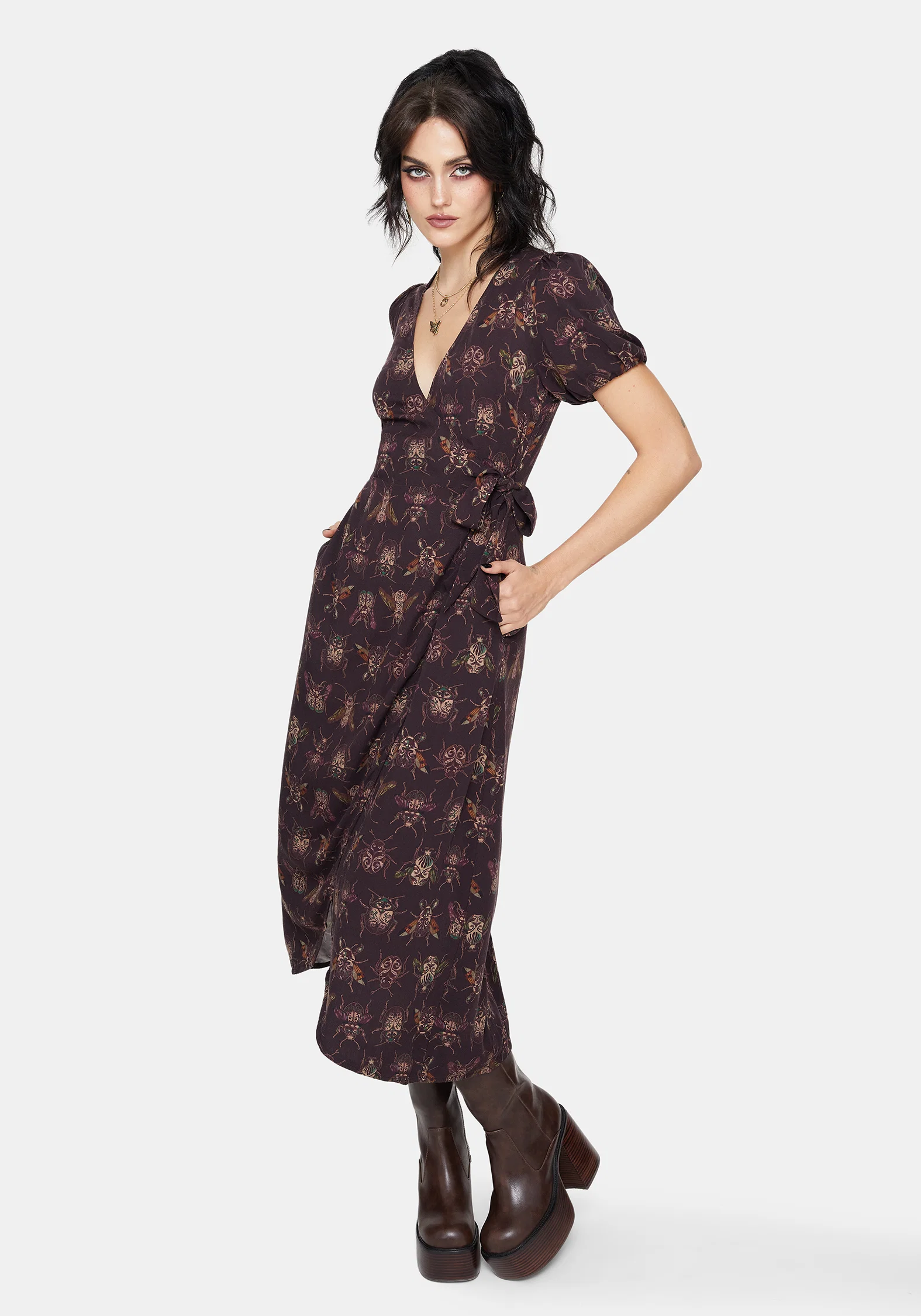 Scorn Bug Printed Wrap Midi Dress - Image 4