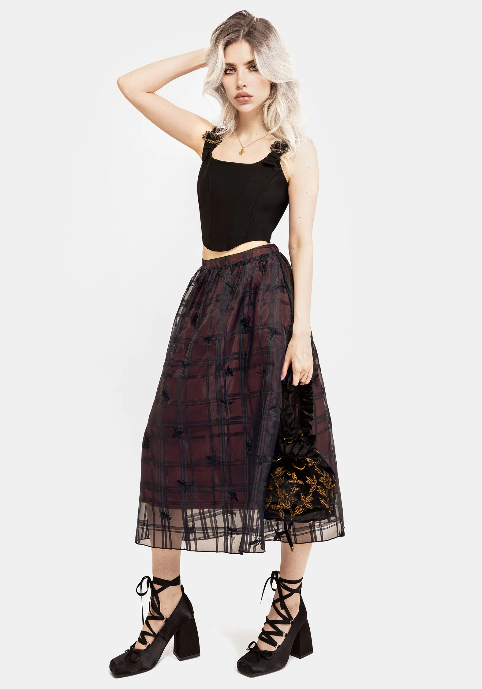 Sedona Organza Check Embroidered Midaxi Skirt - Image 7