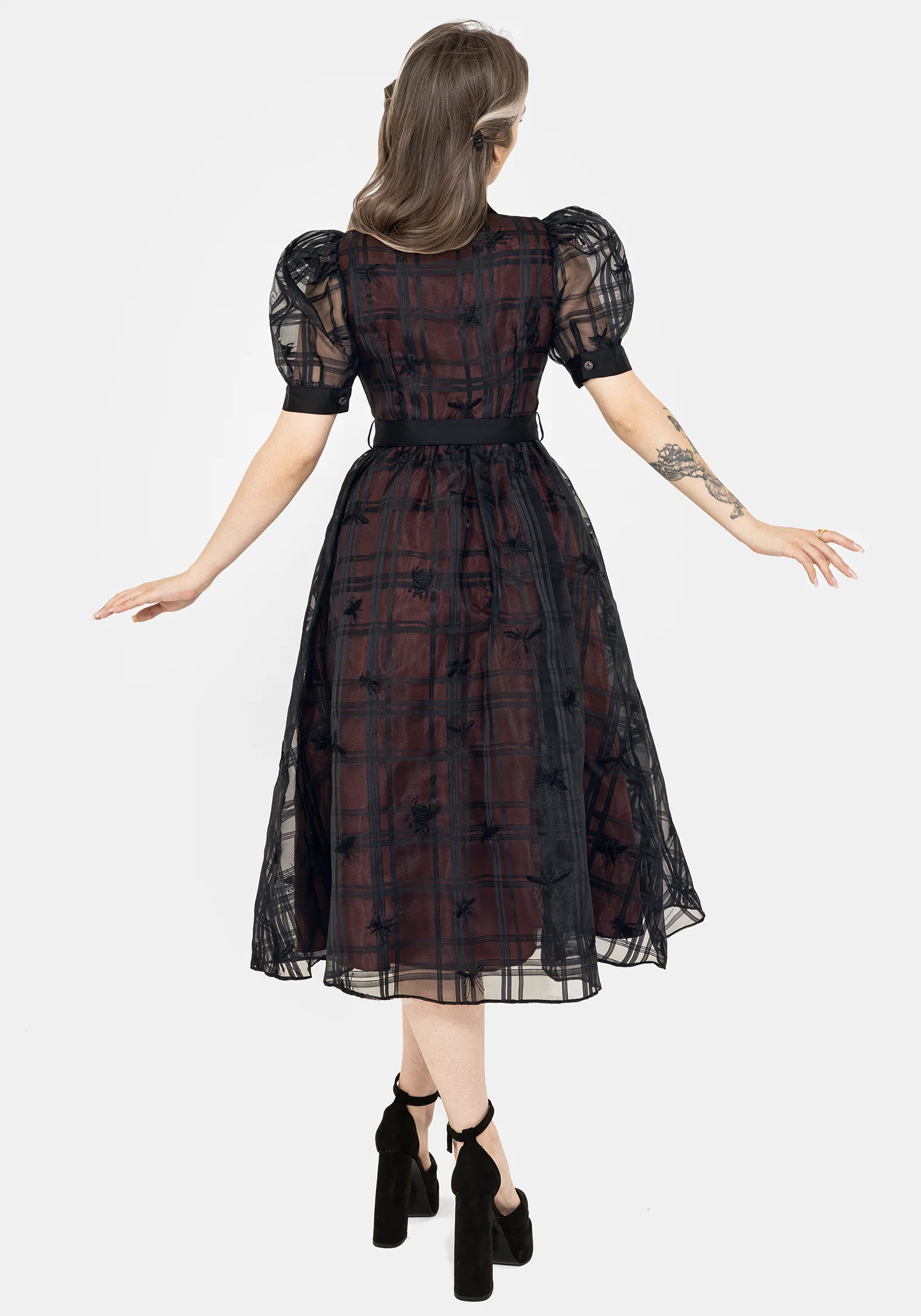 Sedona Organza Check Embroidered Puff Sleeve Midi Shirt Dress - Image 3