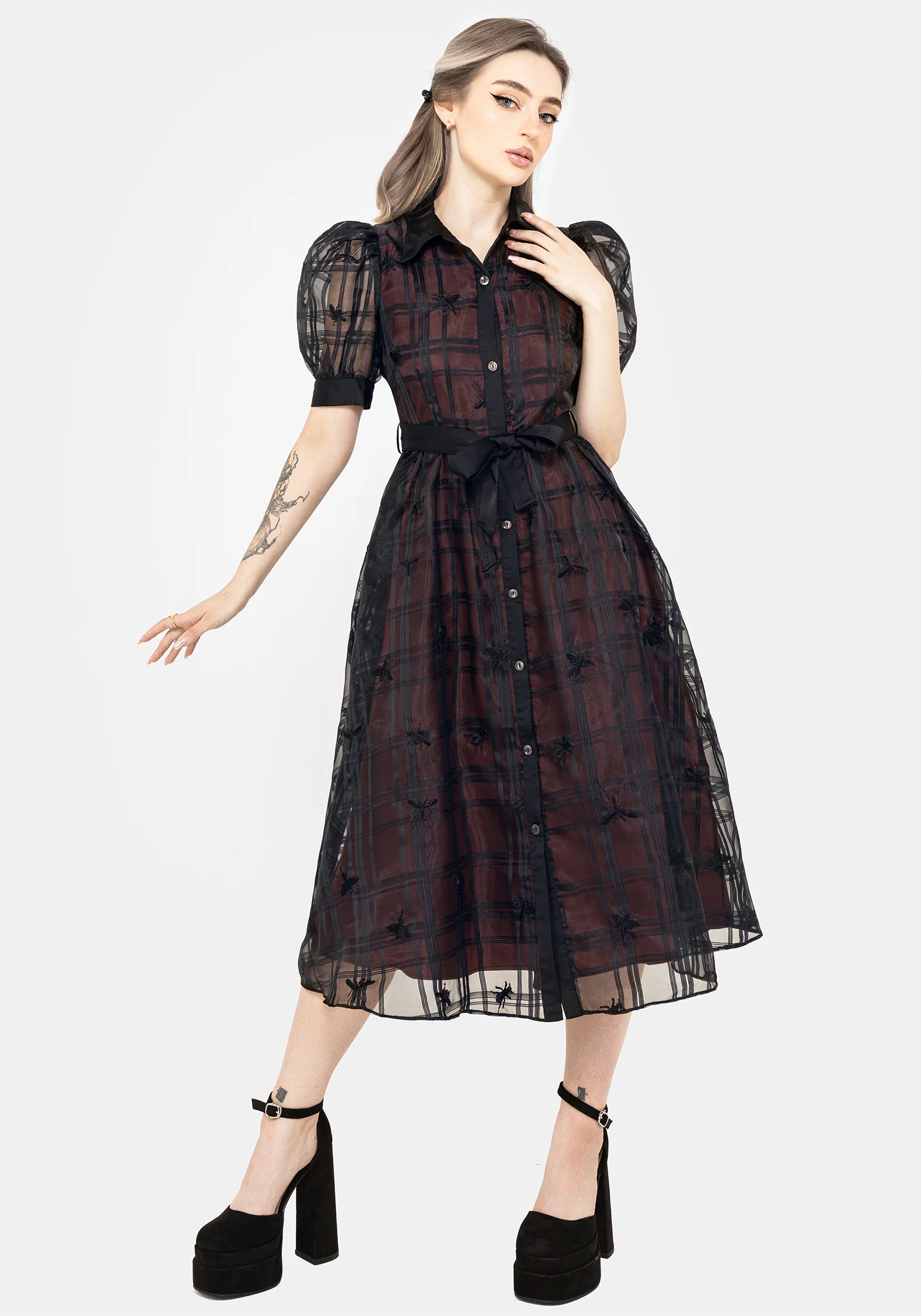 Sedona Organza Check Embroidered Puff Sleeve Midi Shirt Dress - Image 4