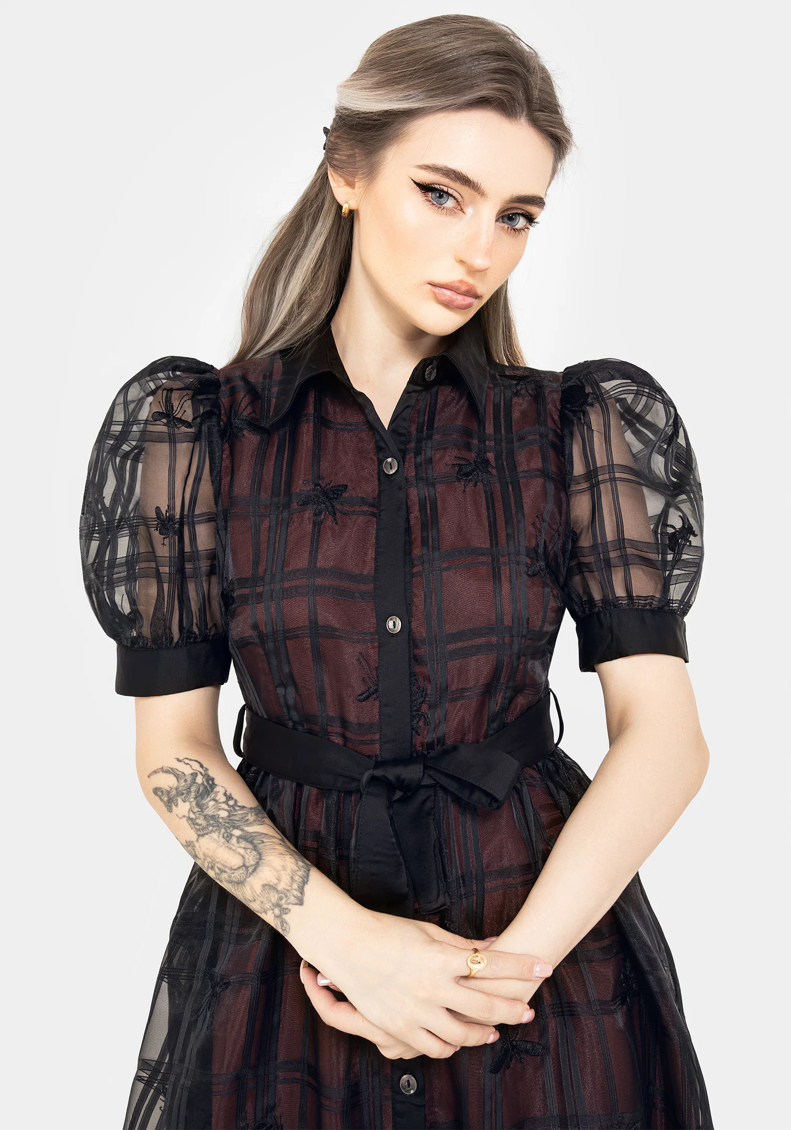 Sedona Organza Check Embroidered Puff Sleeve Midi Shirt Dress - Image 5