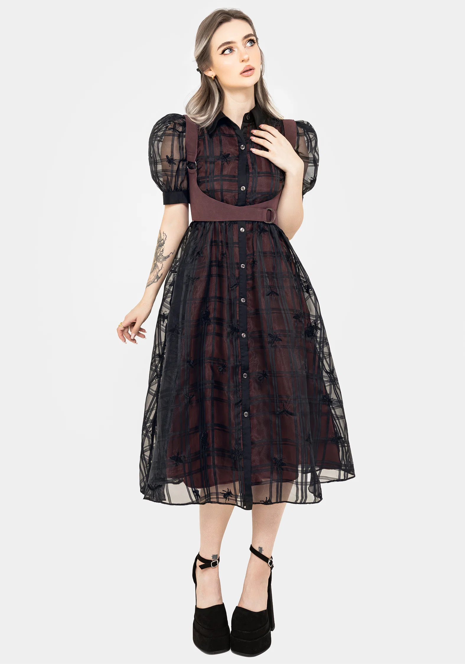 Sedona Organza Check Embroidered Puff Sleeve Midi Shirt Dress - Image 6