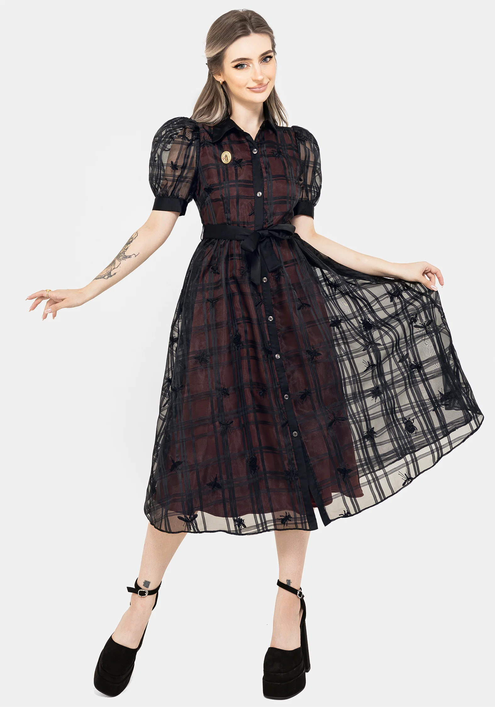 Sedona Organza Check Embroidered Puff Sleeve Midi Shirt Dress - Image 7