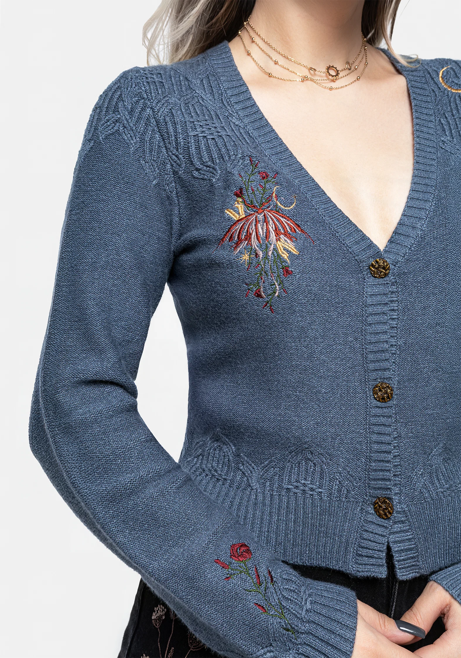 Selenia Moth Embroidered Cable Twist Knit Cardigan - Image 2
