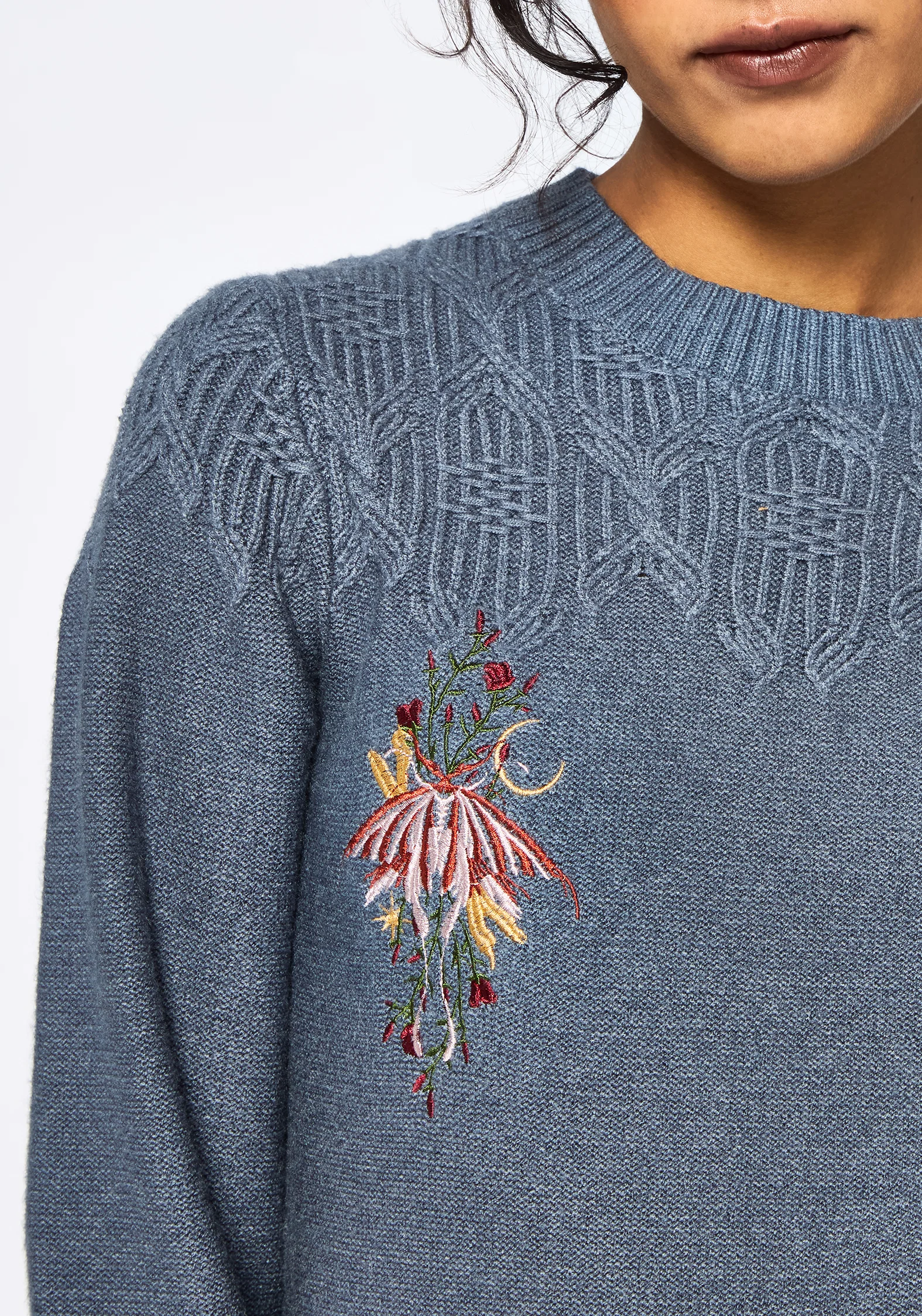 Selenia Moth Embroidered Cable Twist Knit Jumper - Blue - Image 2