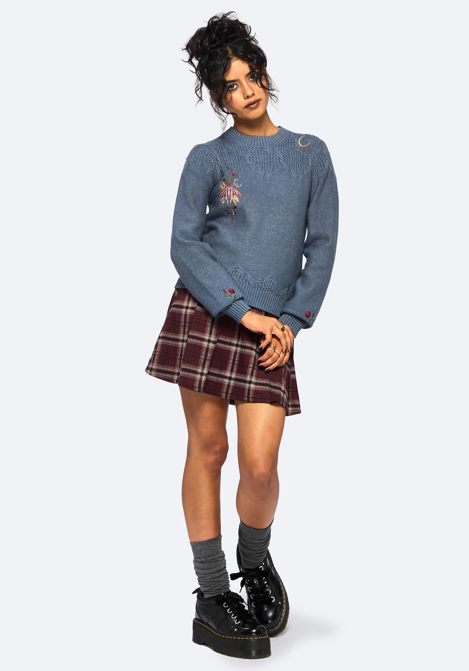 Selenia Moth Embroidered Cable Twist Knit Jumper - Blue - Image 6