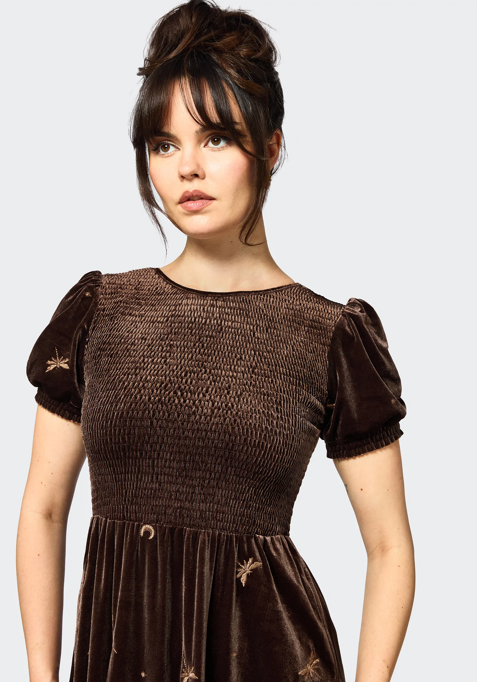 Seraphine Dragonfly Embroidered Velour Smocked Bodice Midi Dress - Image 2