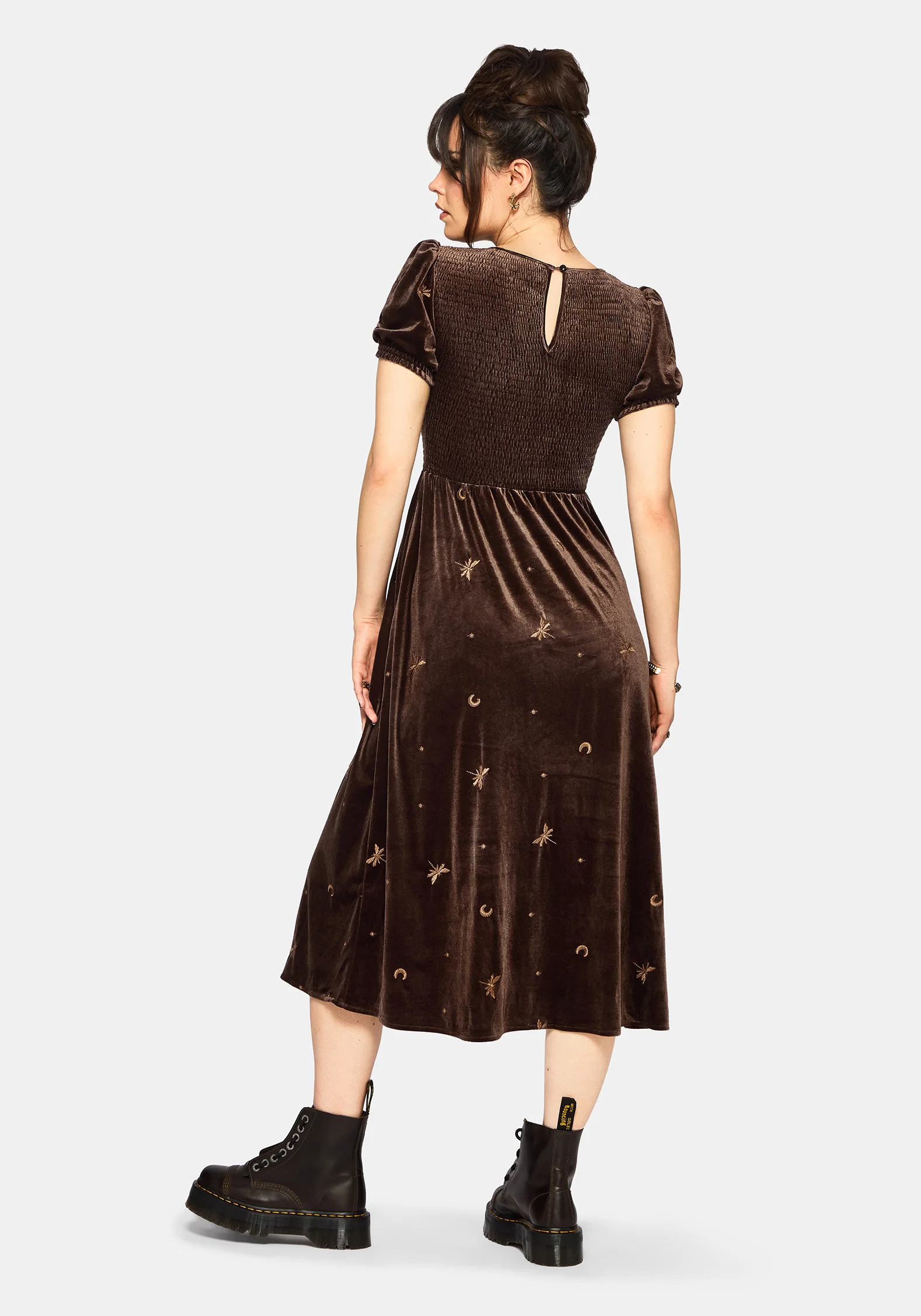 Seraphine Dragonfly Embroidered Velour Smocked Bodice Midi Dress - Image 3