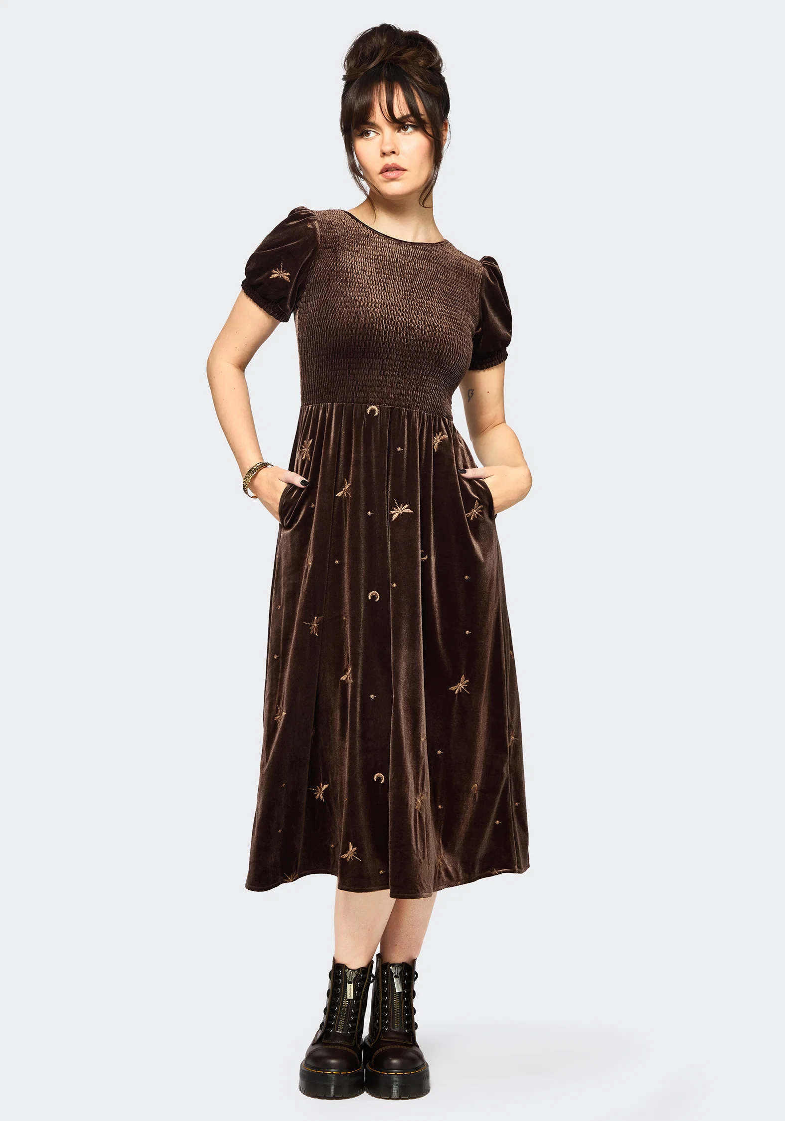 Seraphine Dragonfly Embroidered Velour Smocked Bodice Midi Dress - Image 4