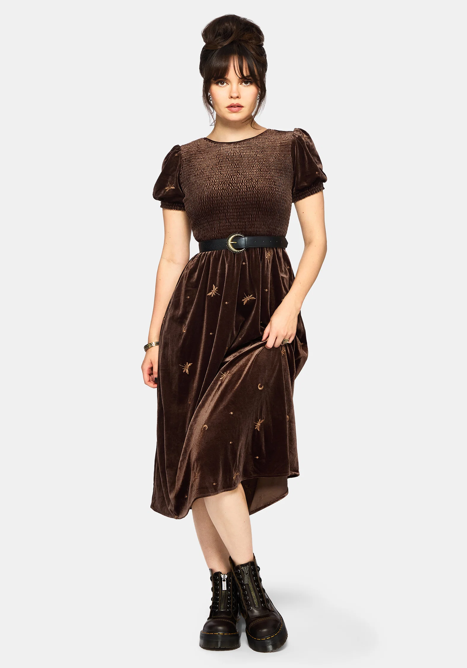 Seraphine Dragonfly Embroidered Velour Smocked Bodice Midi Dress - Image 5