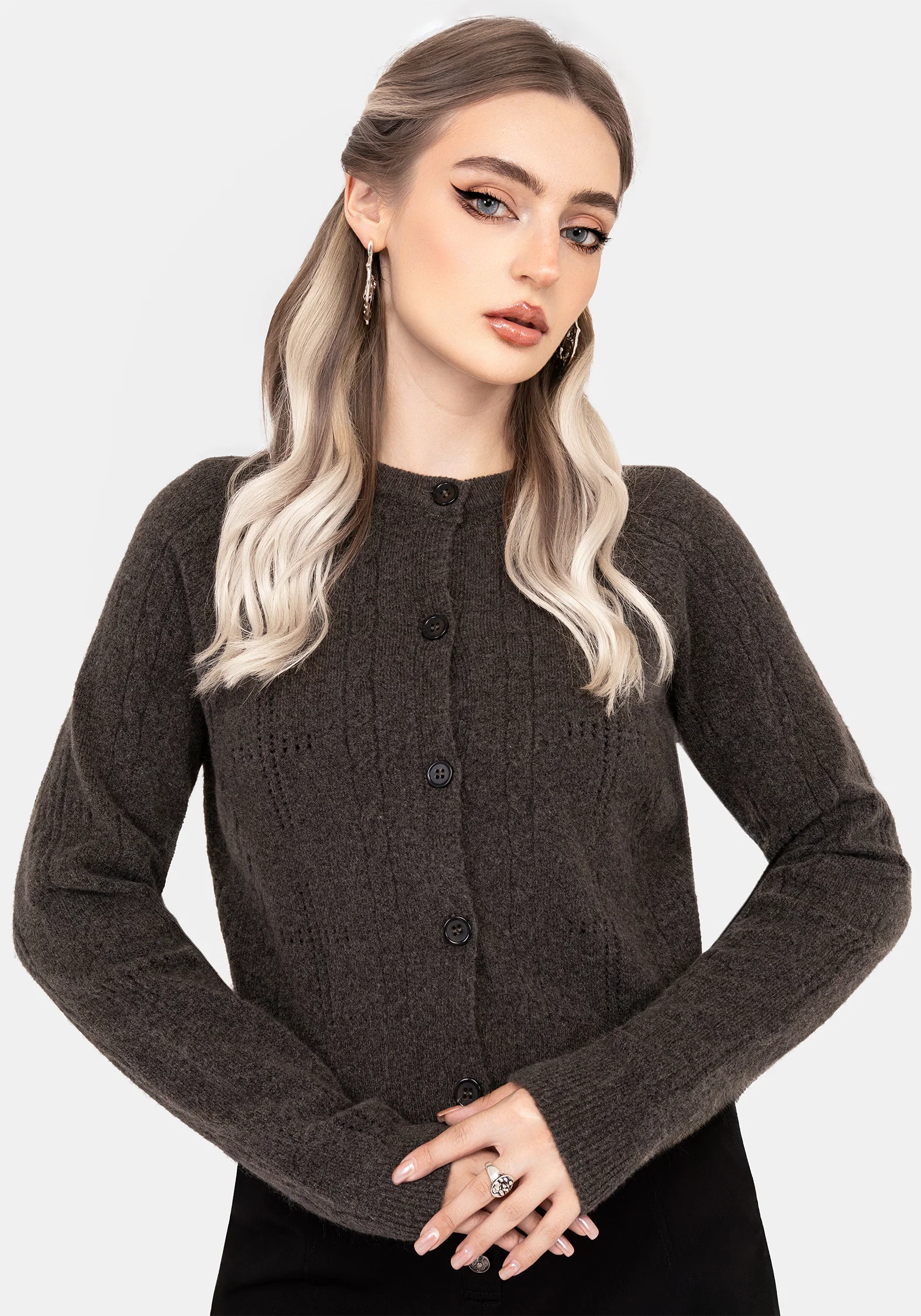 Serena Cross Pointelle Button Down Knit Cardigan - Image 4