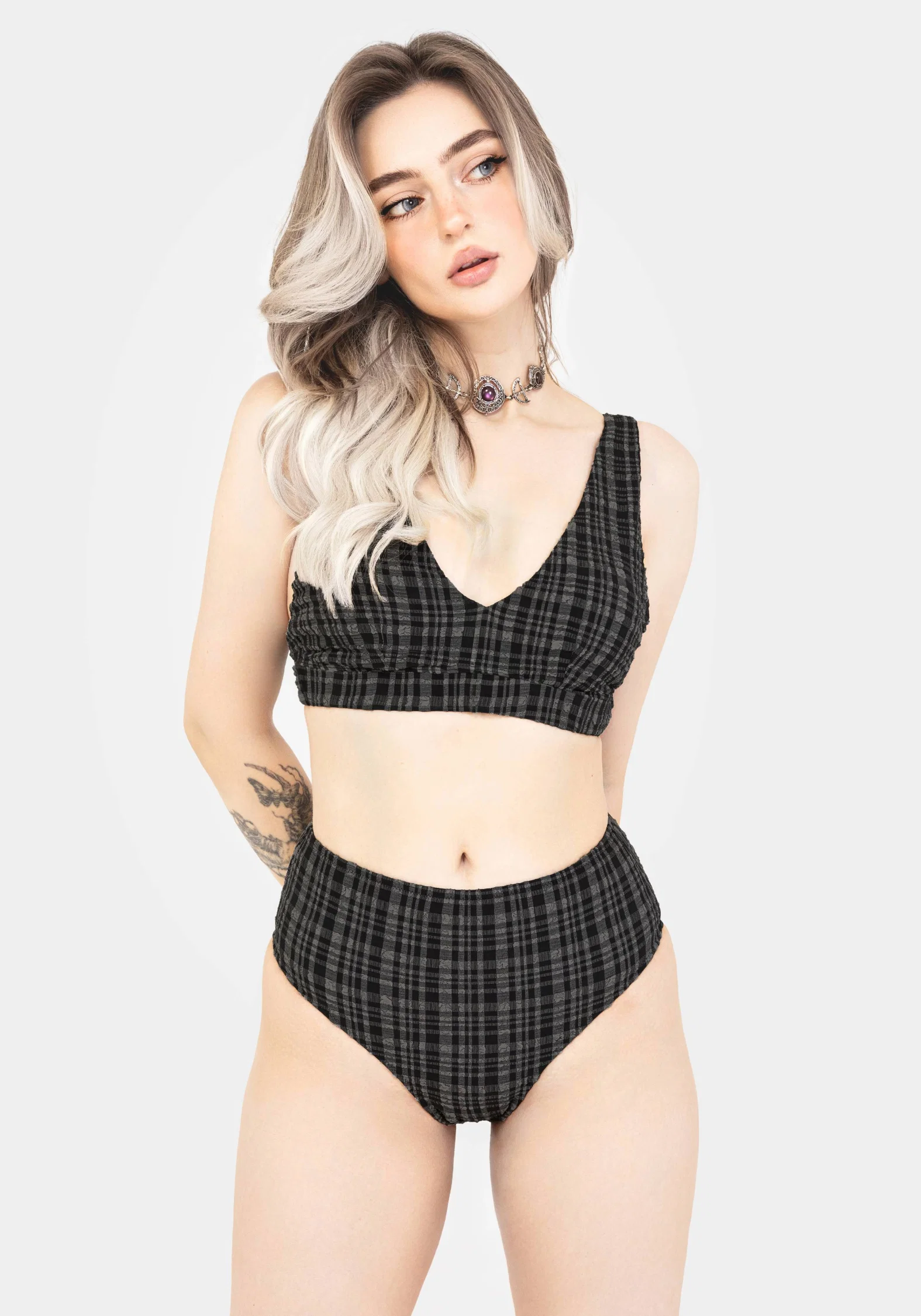 Slate Textured Check High Waist Swim Bottoms - Image 4