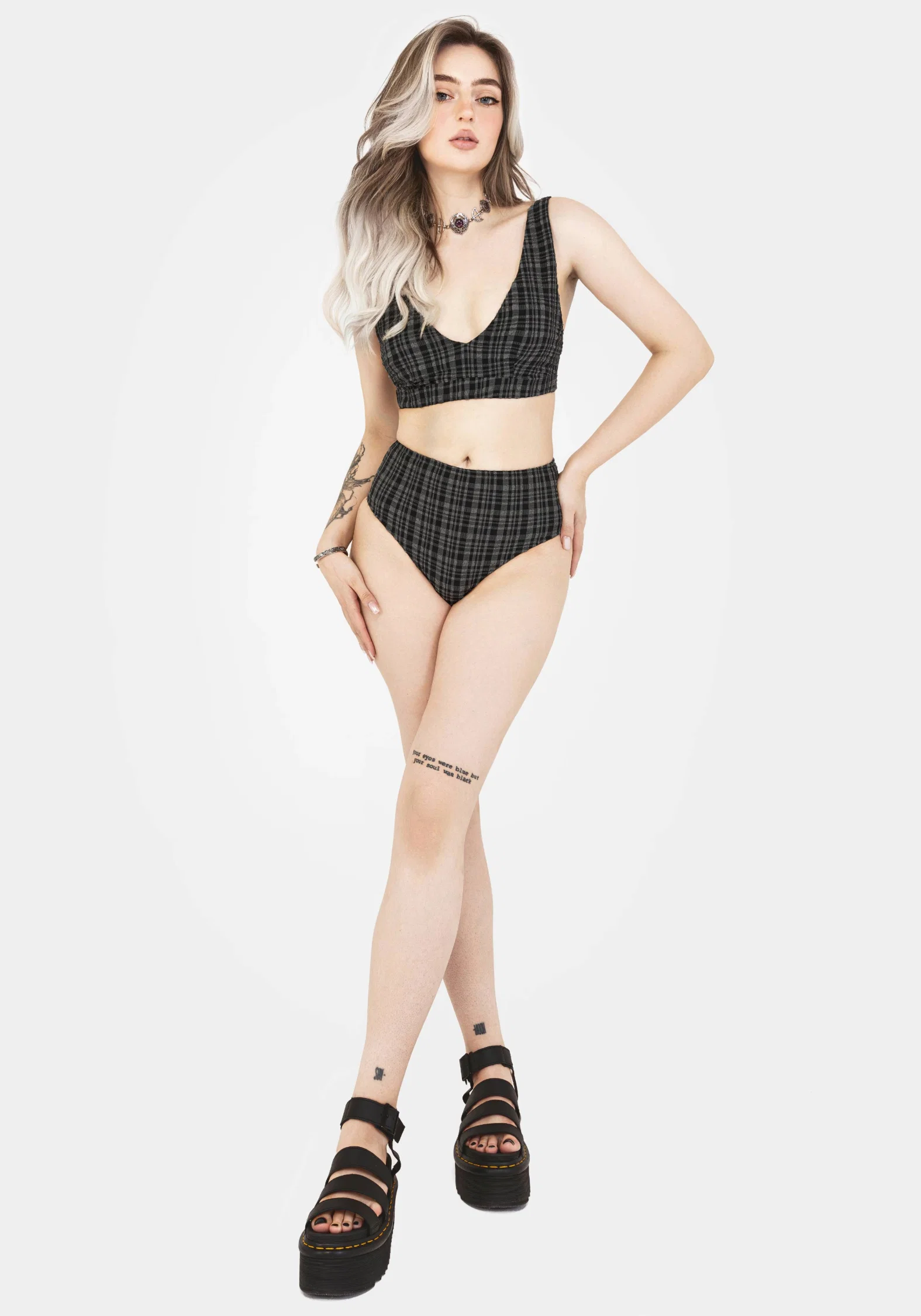 Slate Textured Check High Waist Swim Bottoms - Image 5