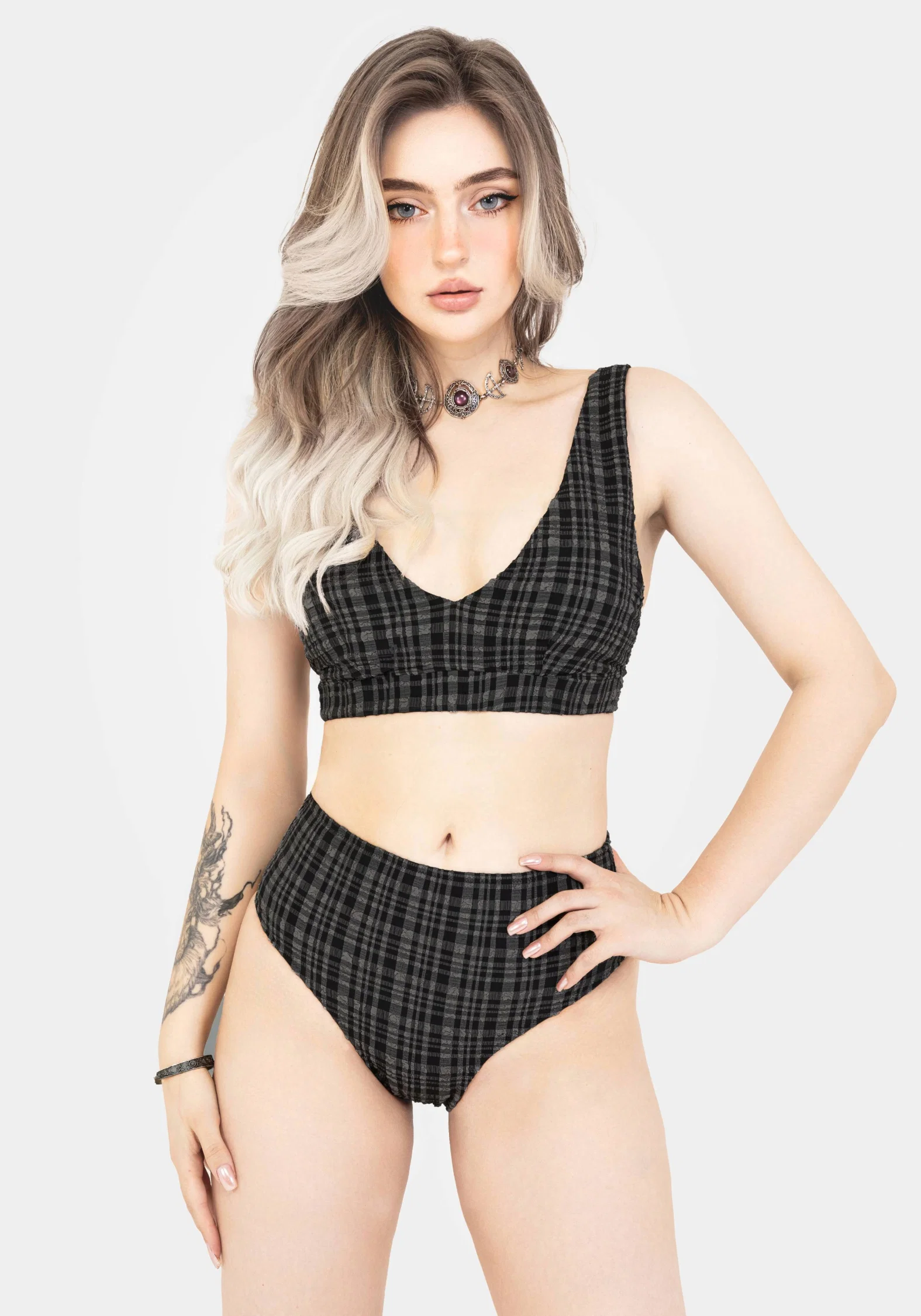 Slate Textured Check High Waist Swim Bottoms - Image 6