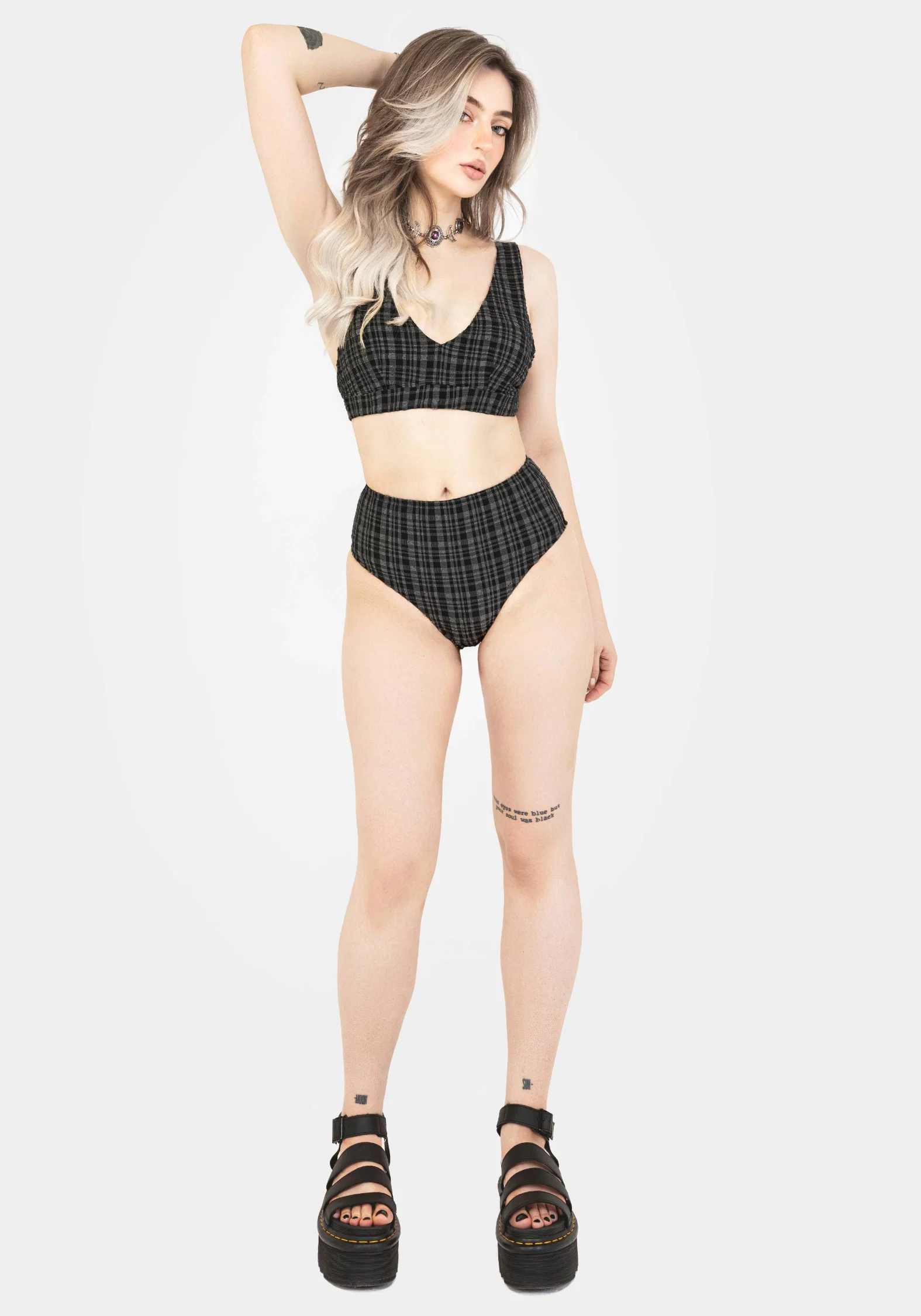 Slate Textured Check High Waist Swim Bottoms - Image 7