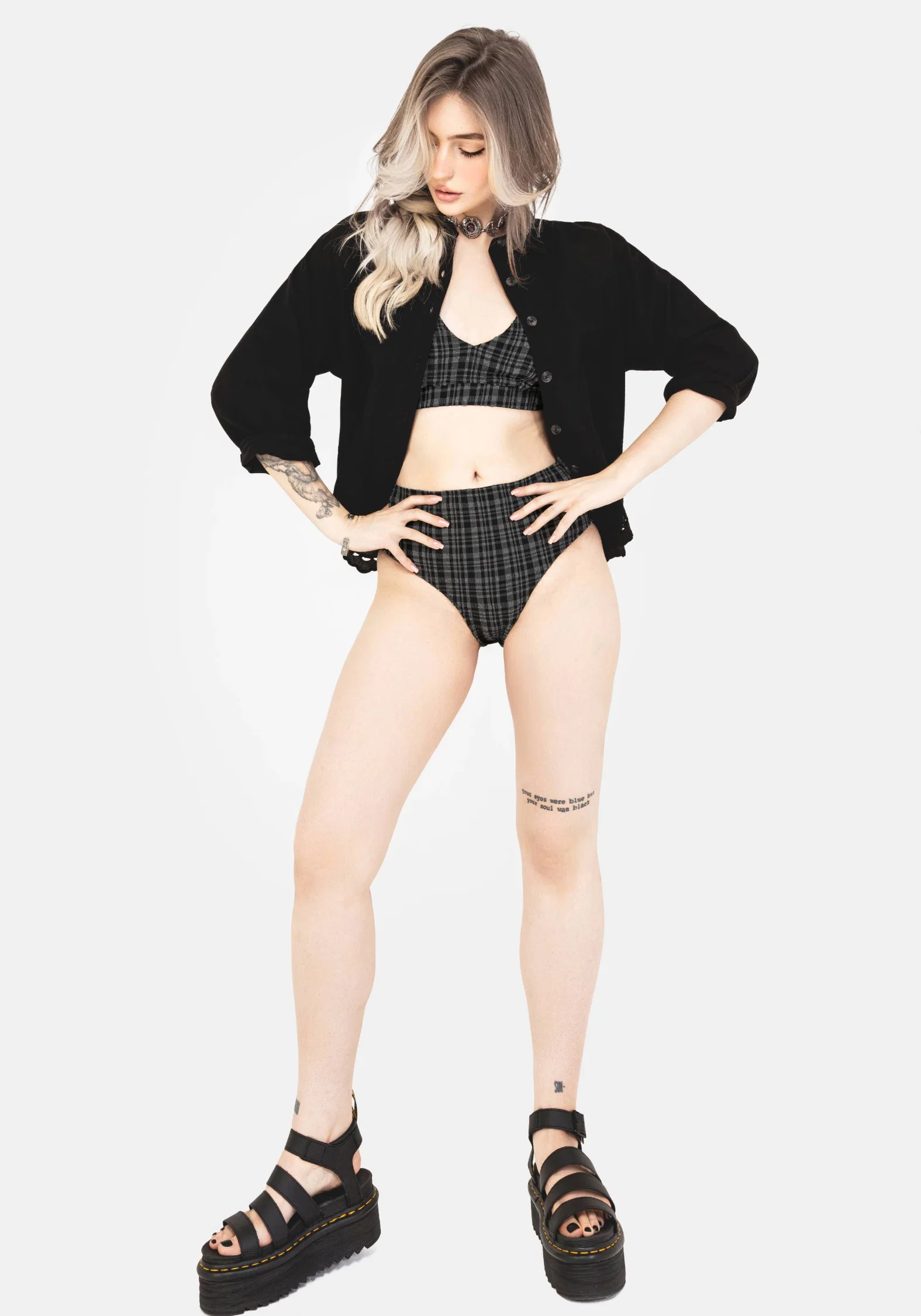 Slate Textured Check High Waist Swim Bottoms - Image 8