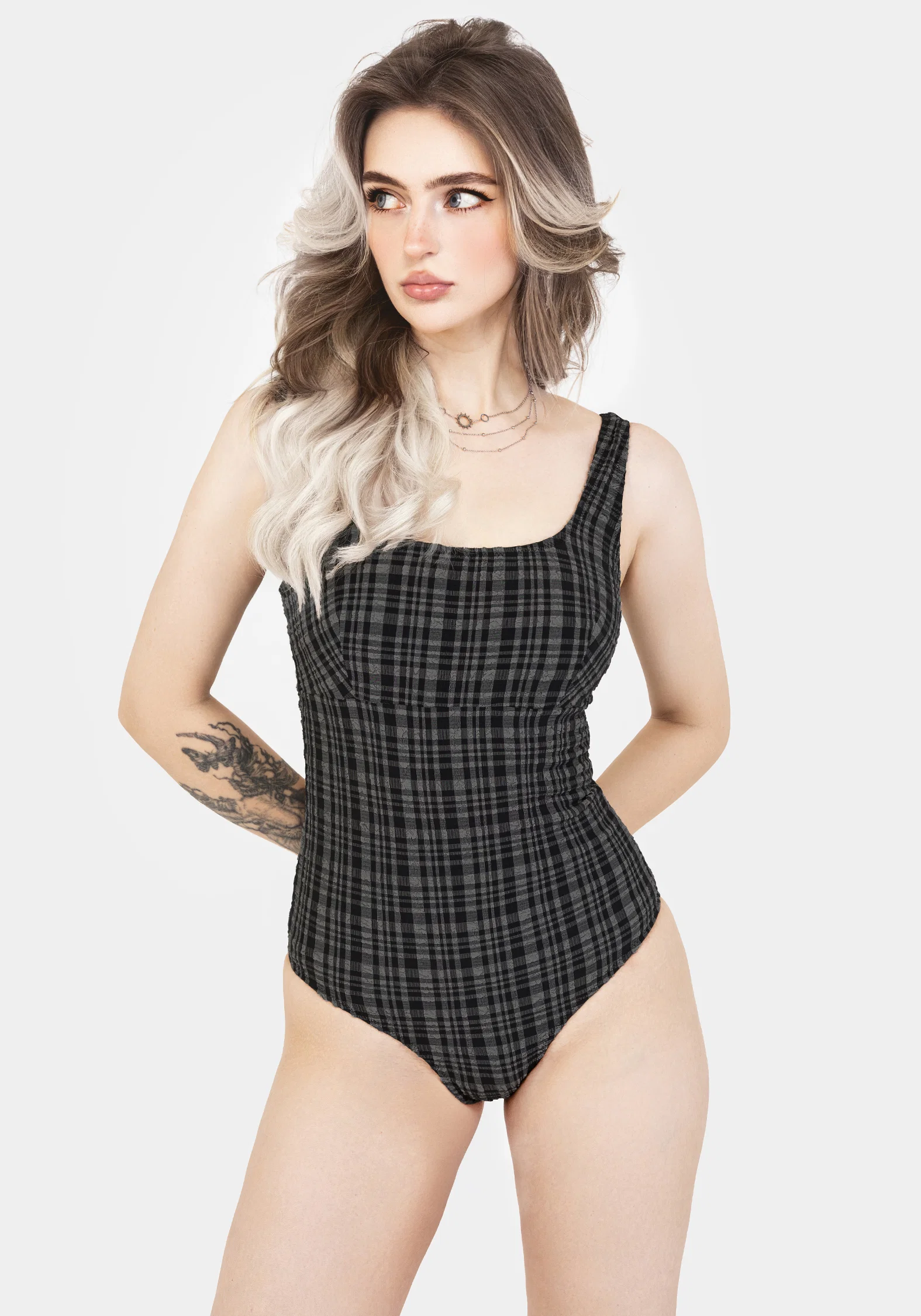 Slate Textured Check Square Neck Swimsuit - Image 7