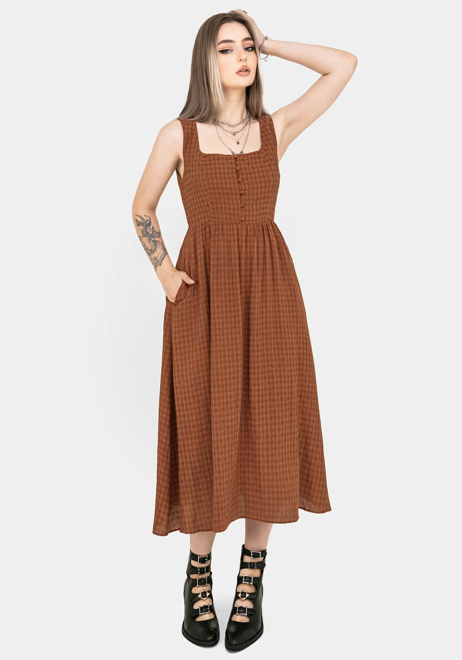 Soleil Cotton-Blend Check Cami Midi Dress - Image 4
