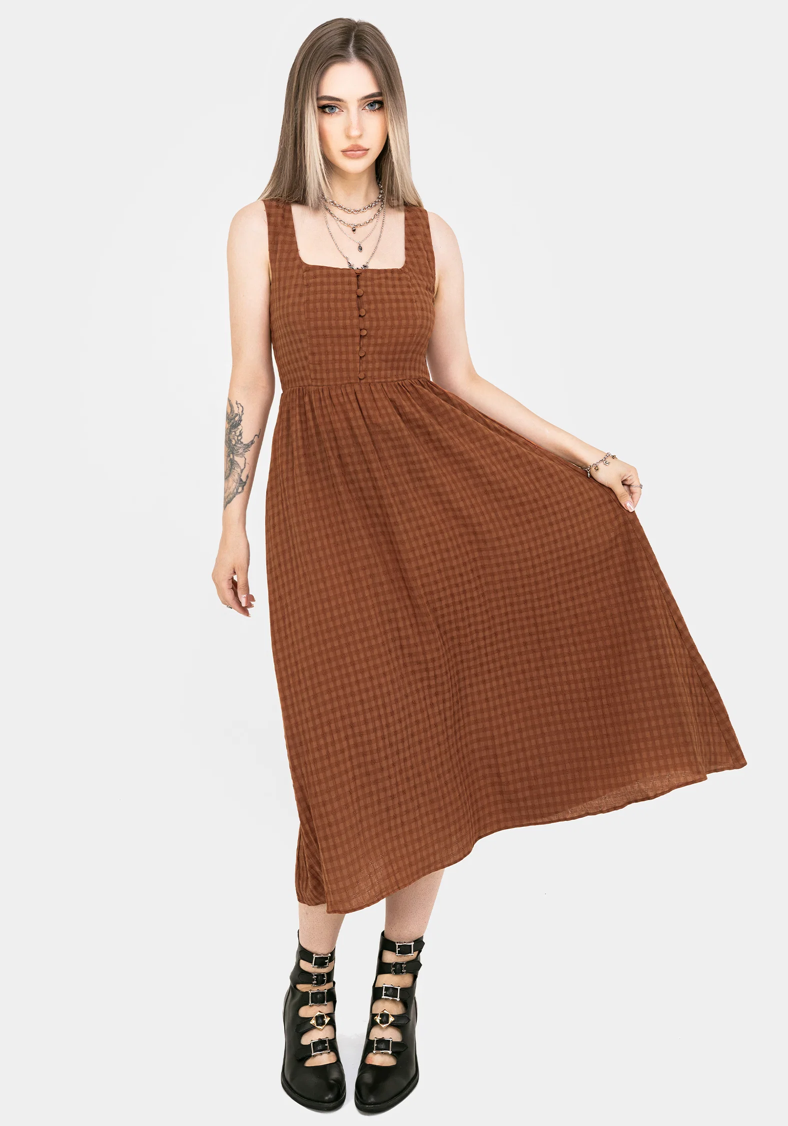 Soleil Cotton-Blend Check Cami Midi Dress - Image 6