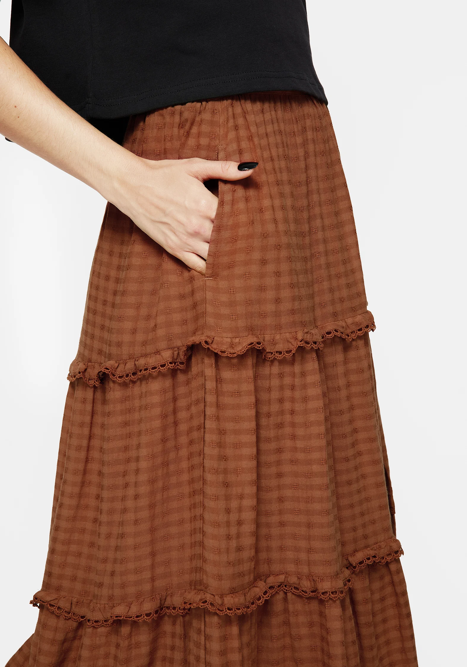 Soleil Cotton-Blend Check Tiered Maxi Skirt - Image 2