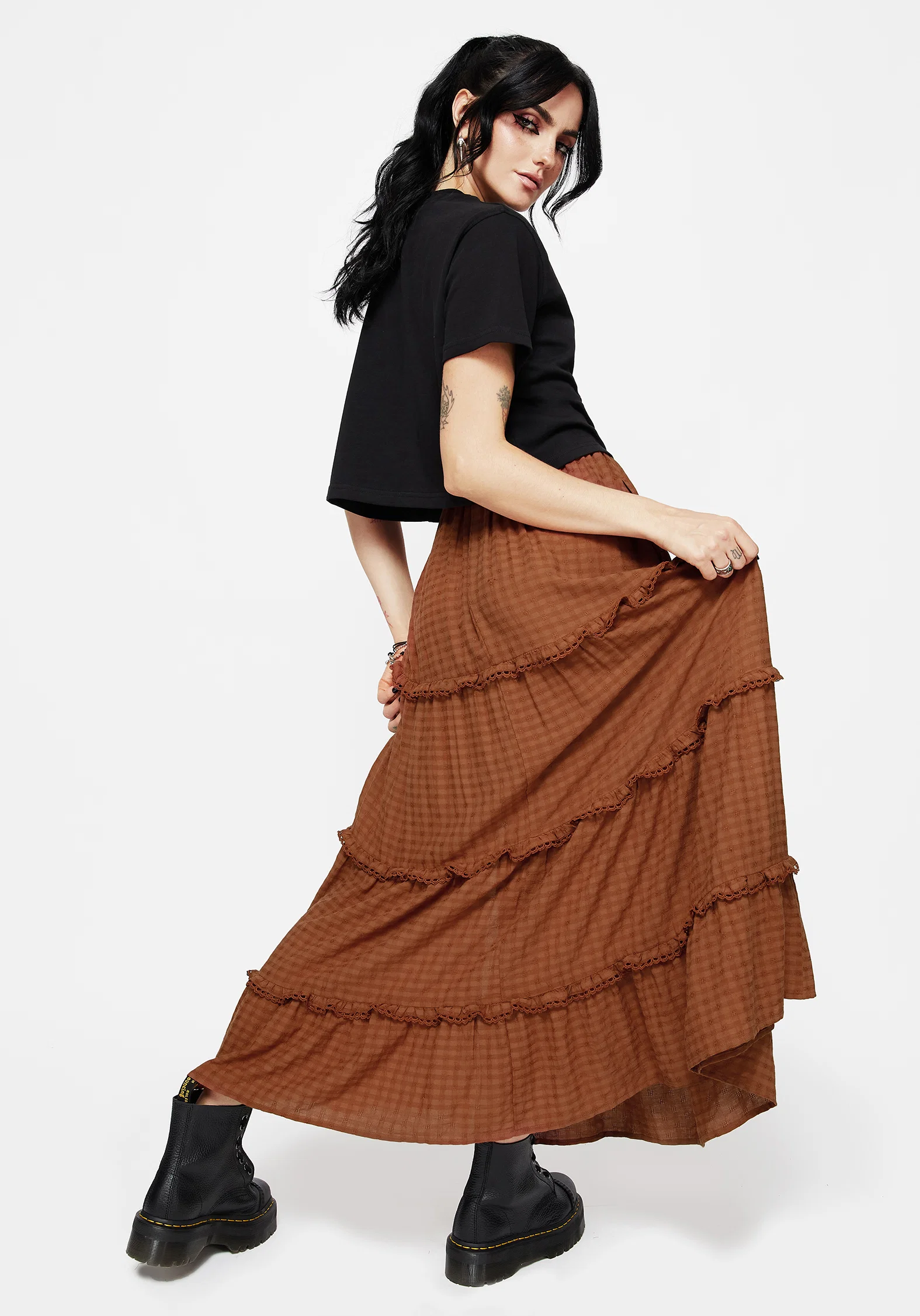 Soleil Cotton-Blend Check Tiered Maxi Skirt - Image 3