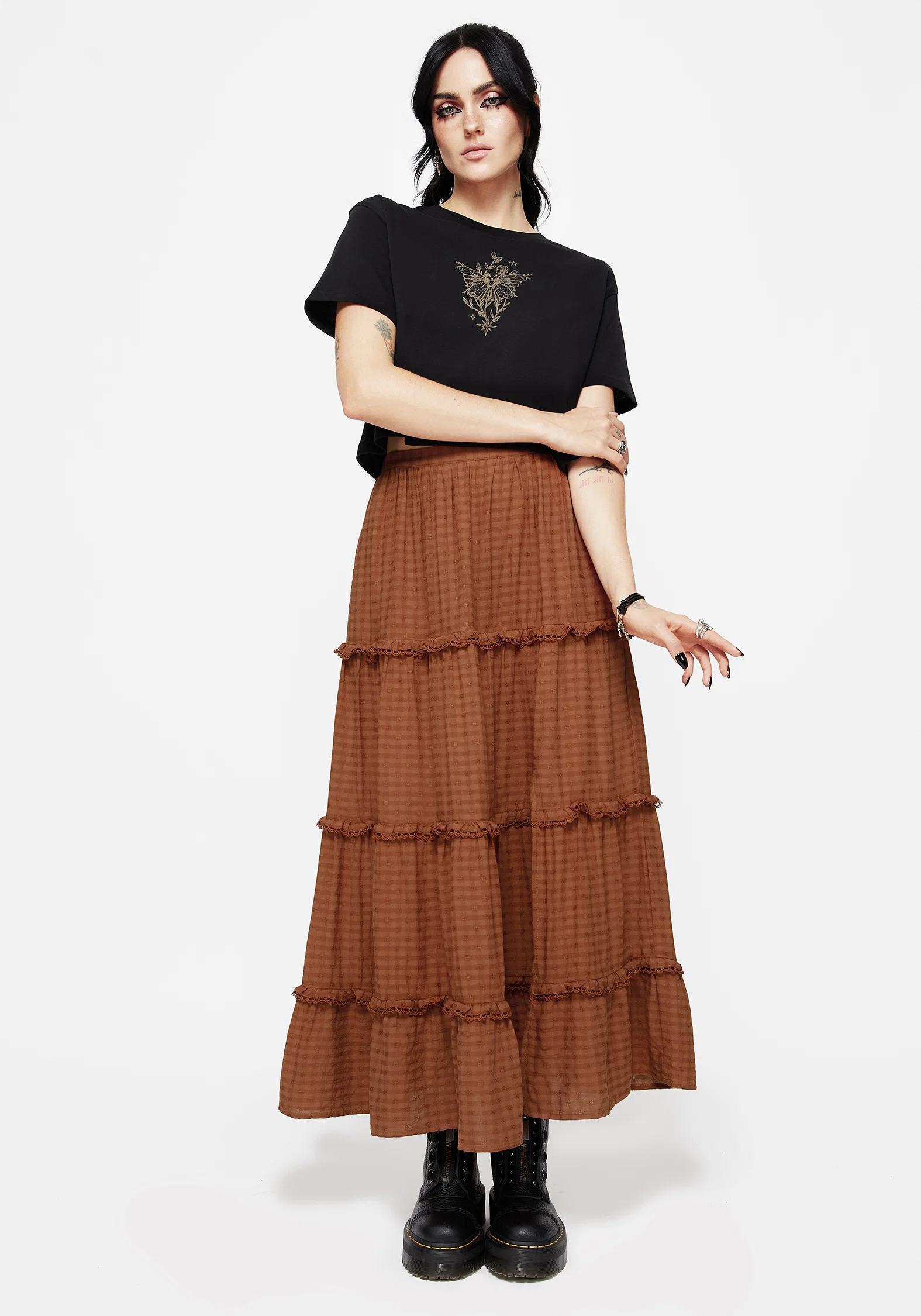 Soleil Cotton-Blend Check Tiered Maxi Skirt - Image 4