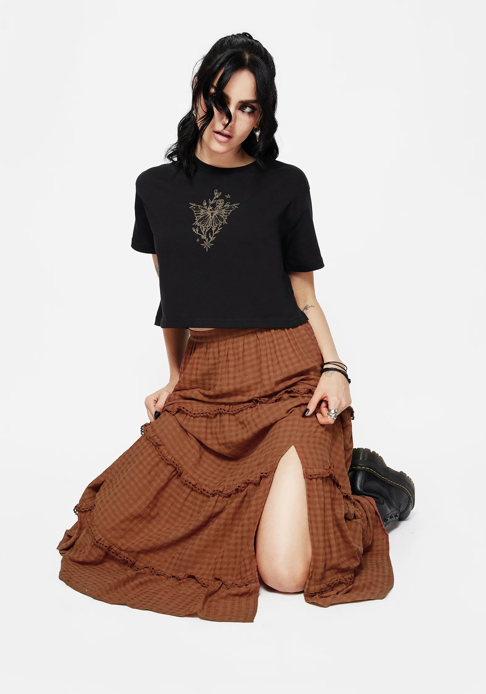Soleil Cotton-Blend Check Tiered Maxi Skirt - Image 5