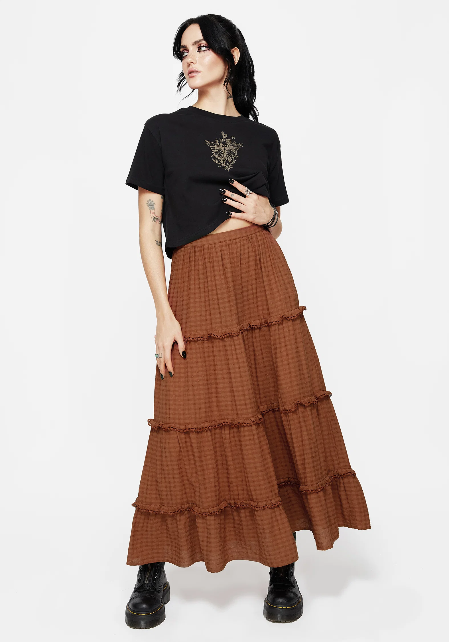 Soleil Cotton-Blend Check Tiered Maxi Skirt - Image 7