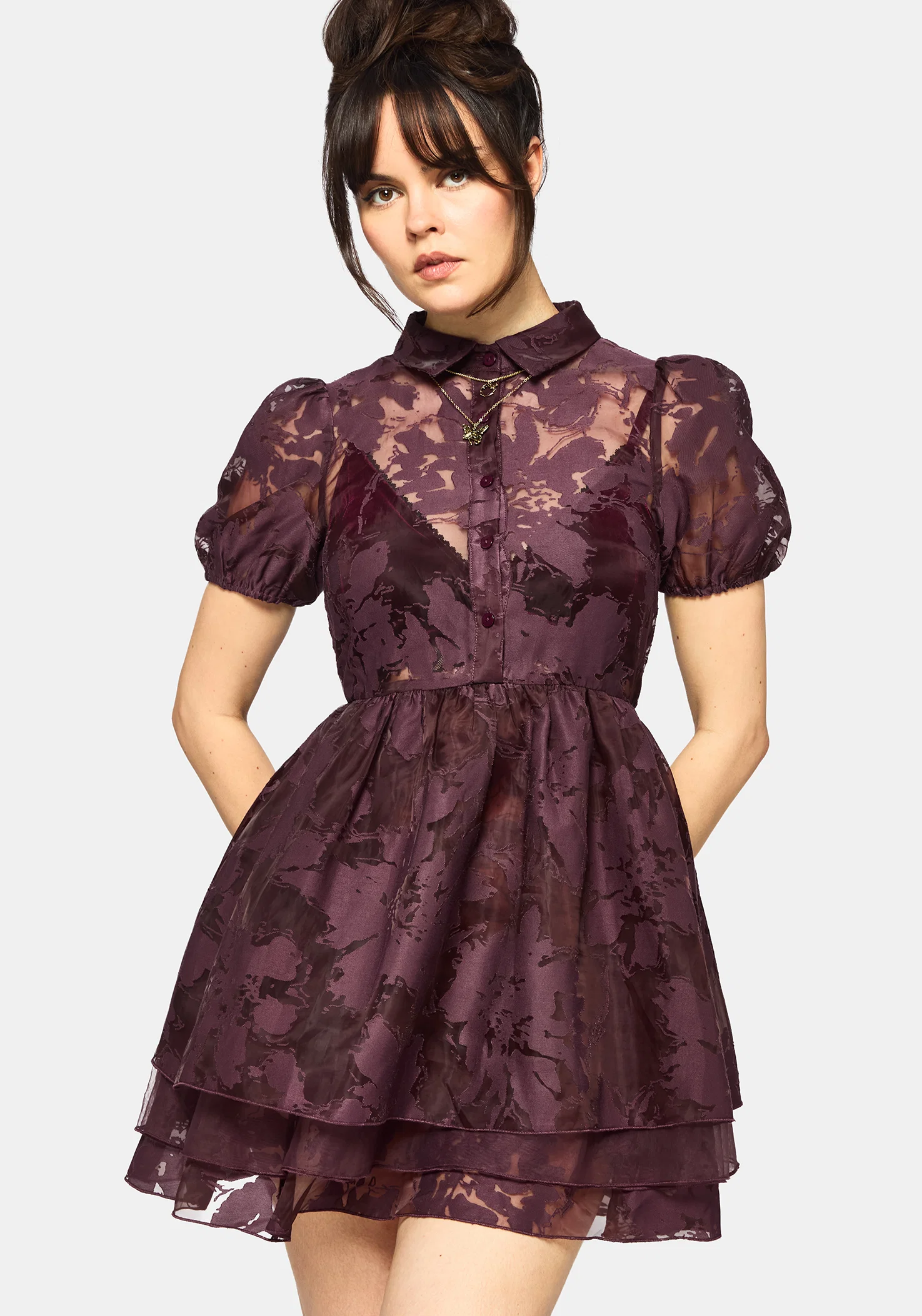 Spectre Layered Mini Shirt Dress - Burgundy - Image 5