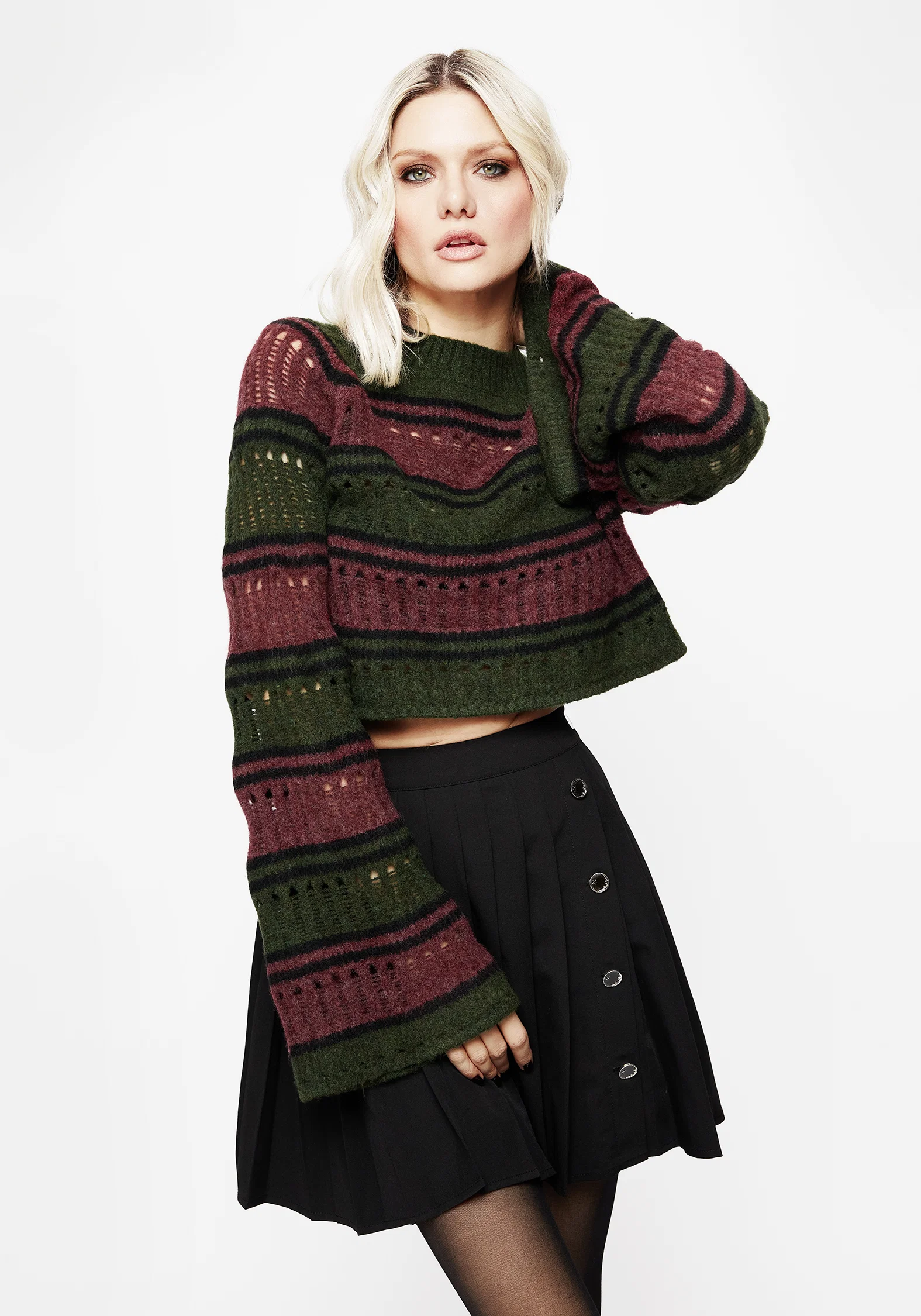 Splinter Stripe Knit Flare Sleeve Crop Jumper - Image 6