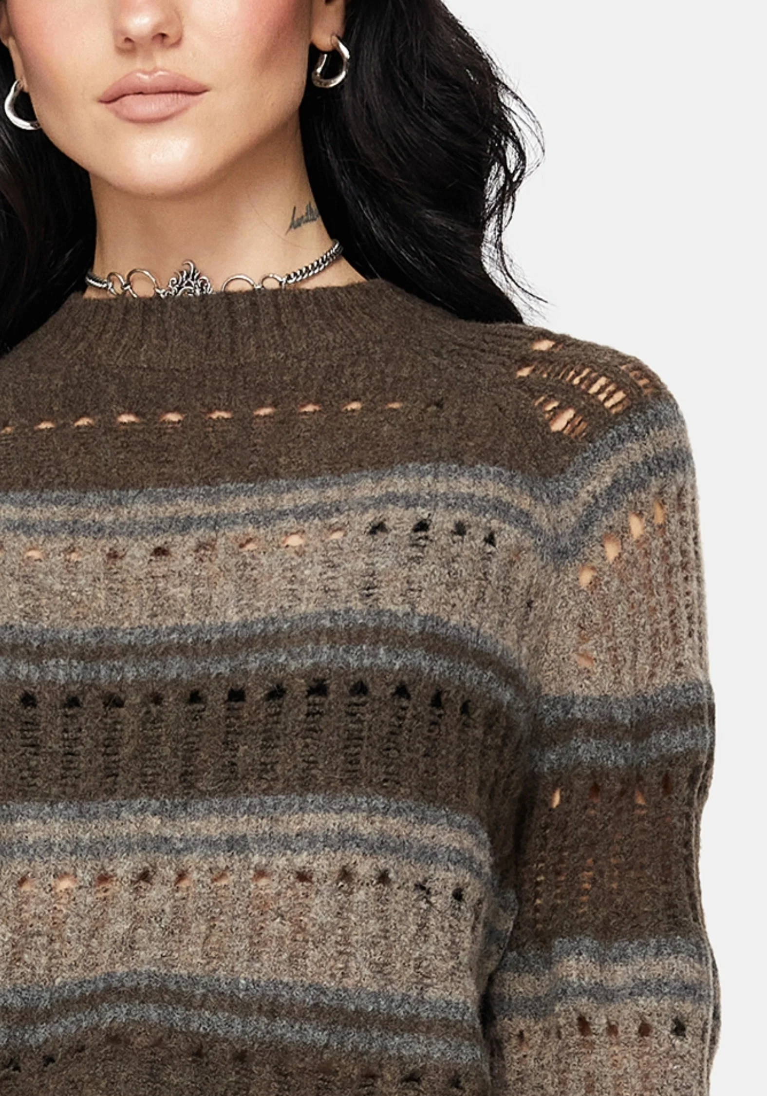 Splinter Stripe Knit Flare Sleeve Crop Jumper - Brown - Image 2