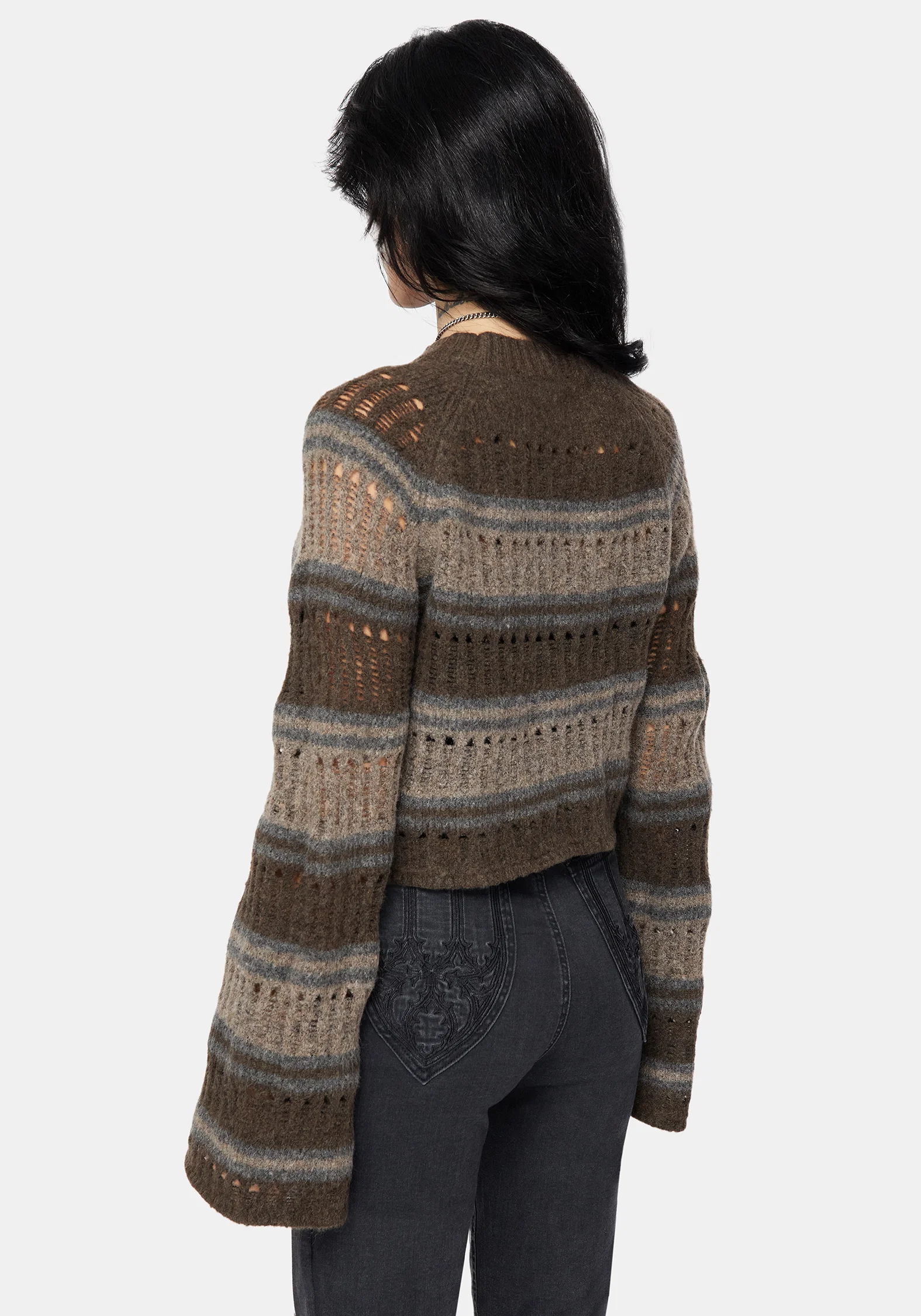 Splinter Stripe Knit Flare Sleeve Crop Jumper - Brown - Image 3