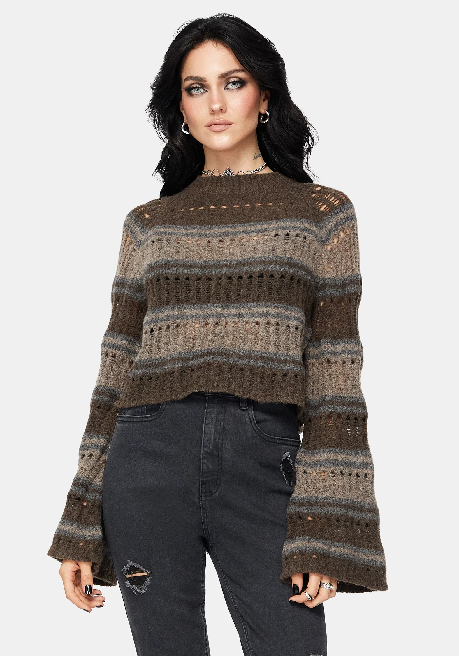Splinter Stripe Knit Flare Sleeve Crop Jumper - Brown - Image 4