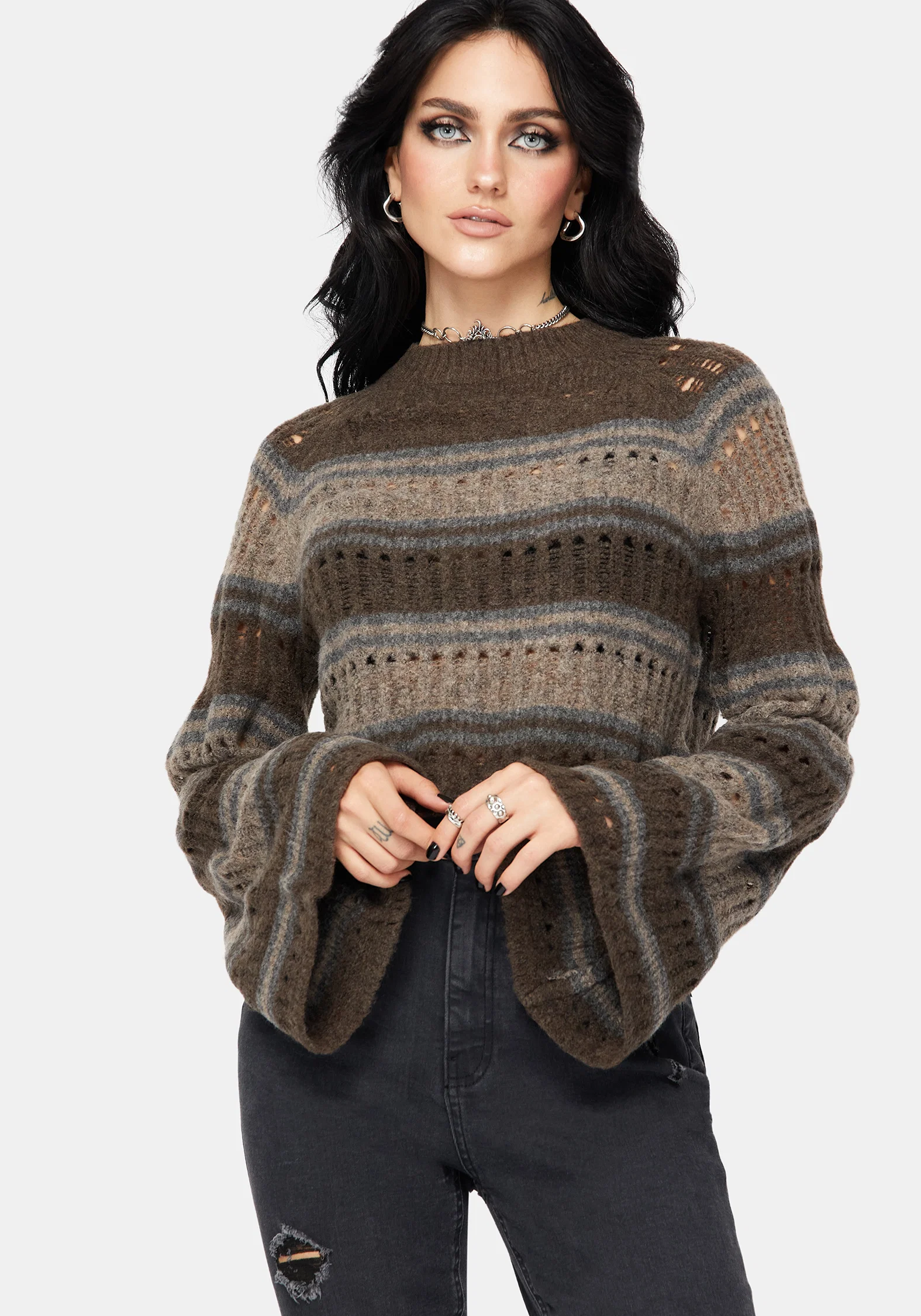 Splinter Stripe Knit Flare Sleeve Crop Jumper - Brown - Image 5