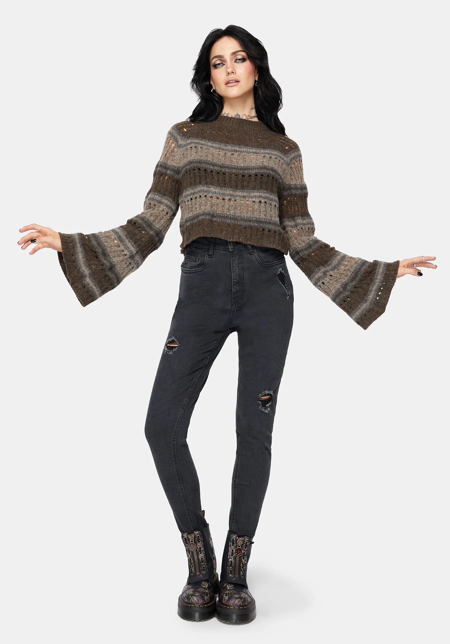 Splinter Stripe Knit Flare Sleeve Crop Jumper - Brown - Image 6