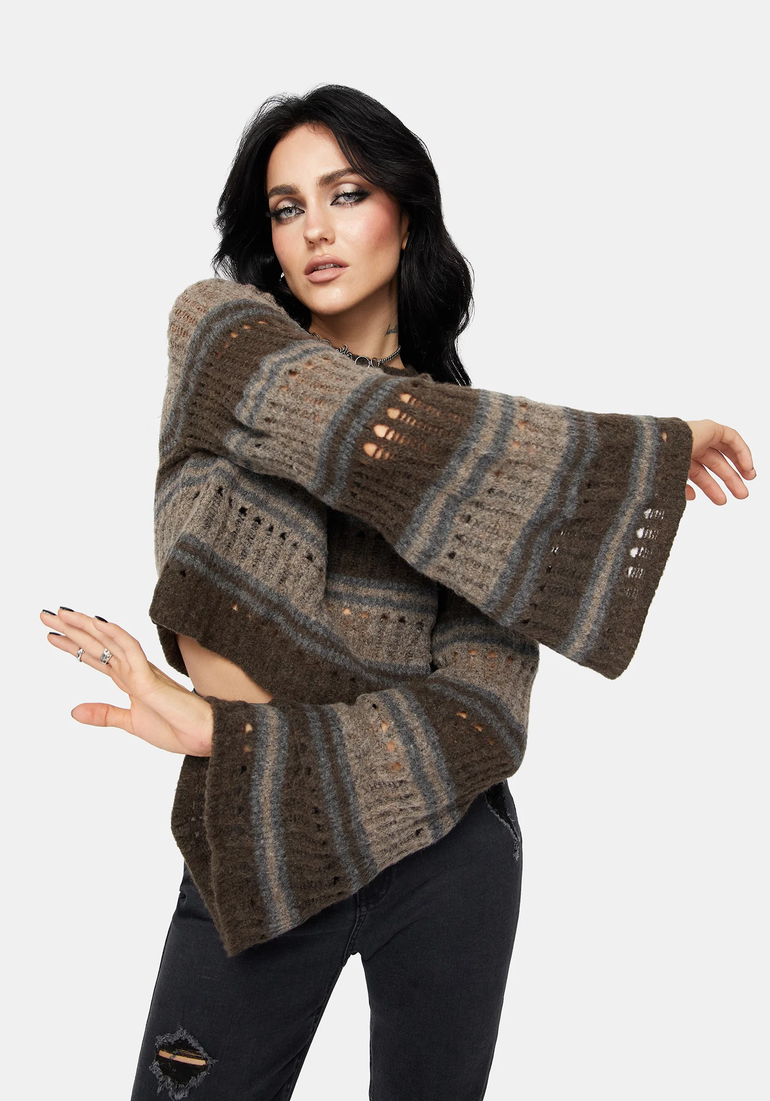 Splinter Stripe Knit Flare Sleeve Crop Jumper - Brown - Image 7
