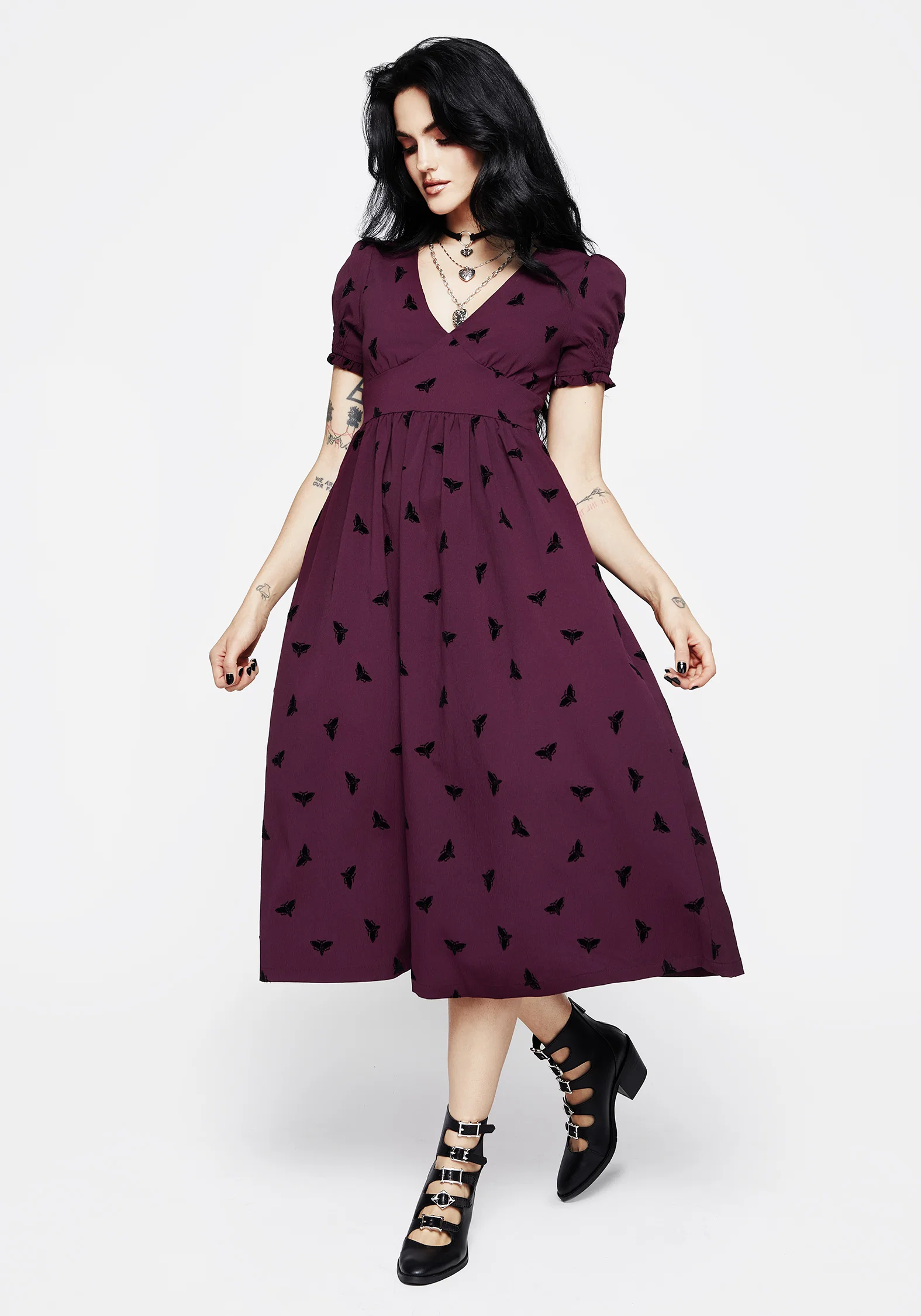 Styx Moth Flocked Velour Print Midi Dress - Image 4