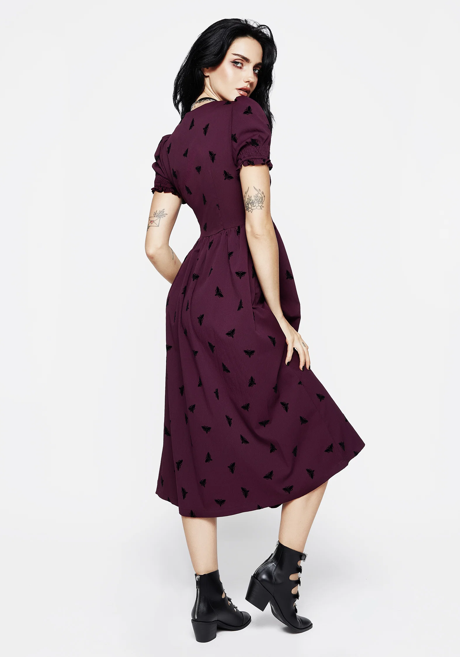 Styx Moth Flocked Velour Print Midi Dress - Image 5