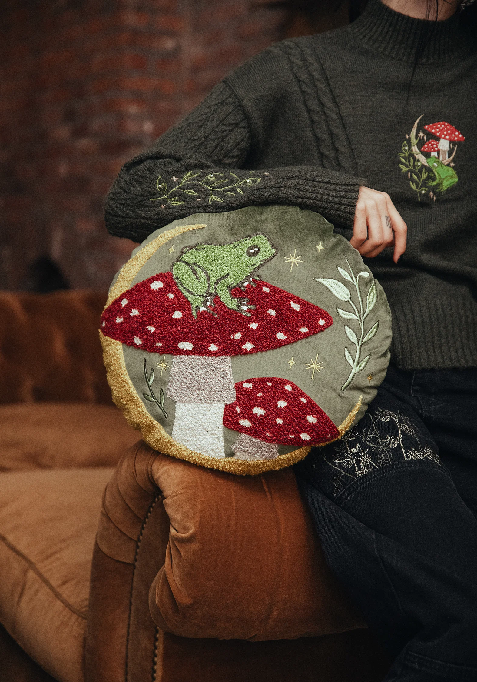 Swamplife Embroidered Velour Round Cushion - Image 2
