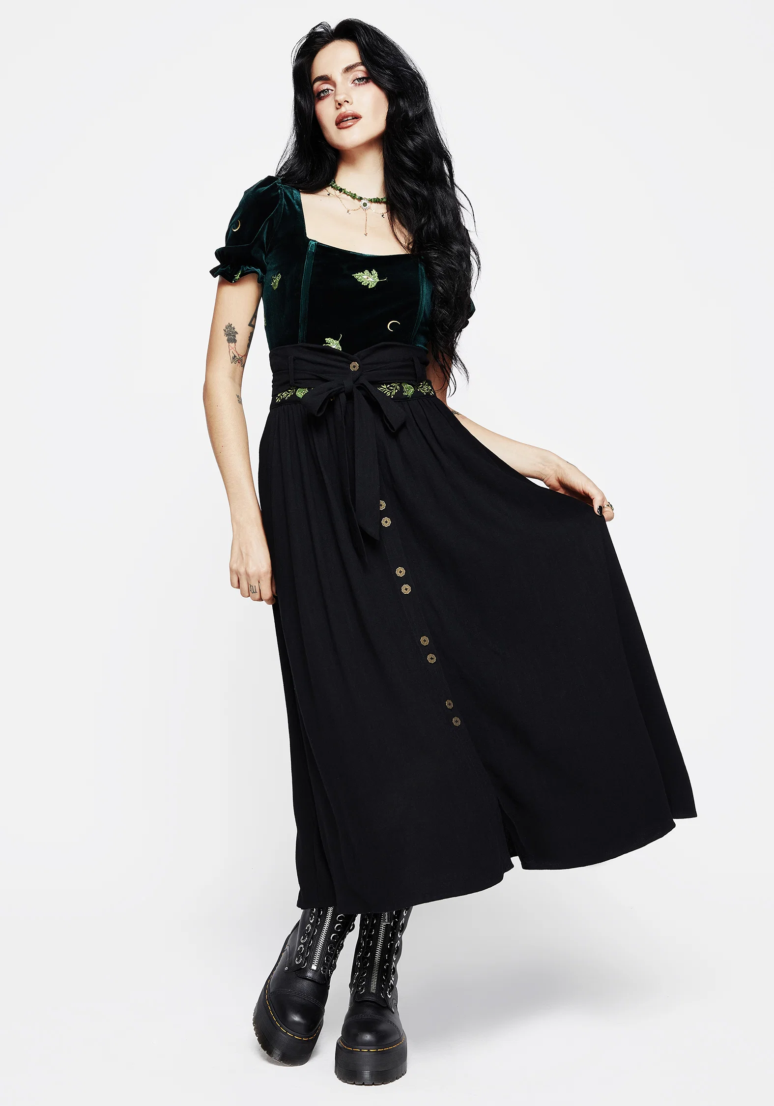 Swamplife Frog Embroidered Linen Blend High Waist Midaxi Skirt - Image 4